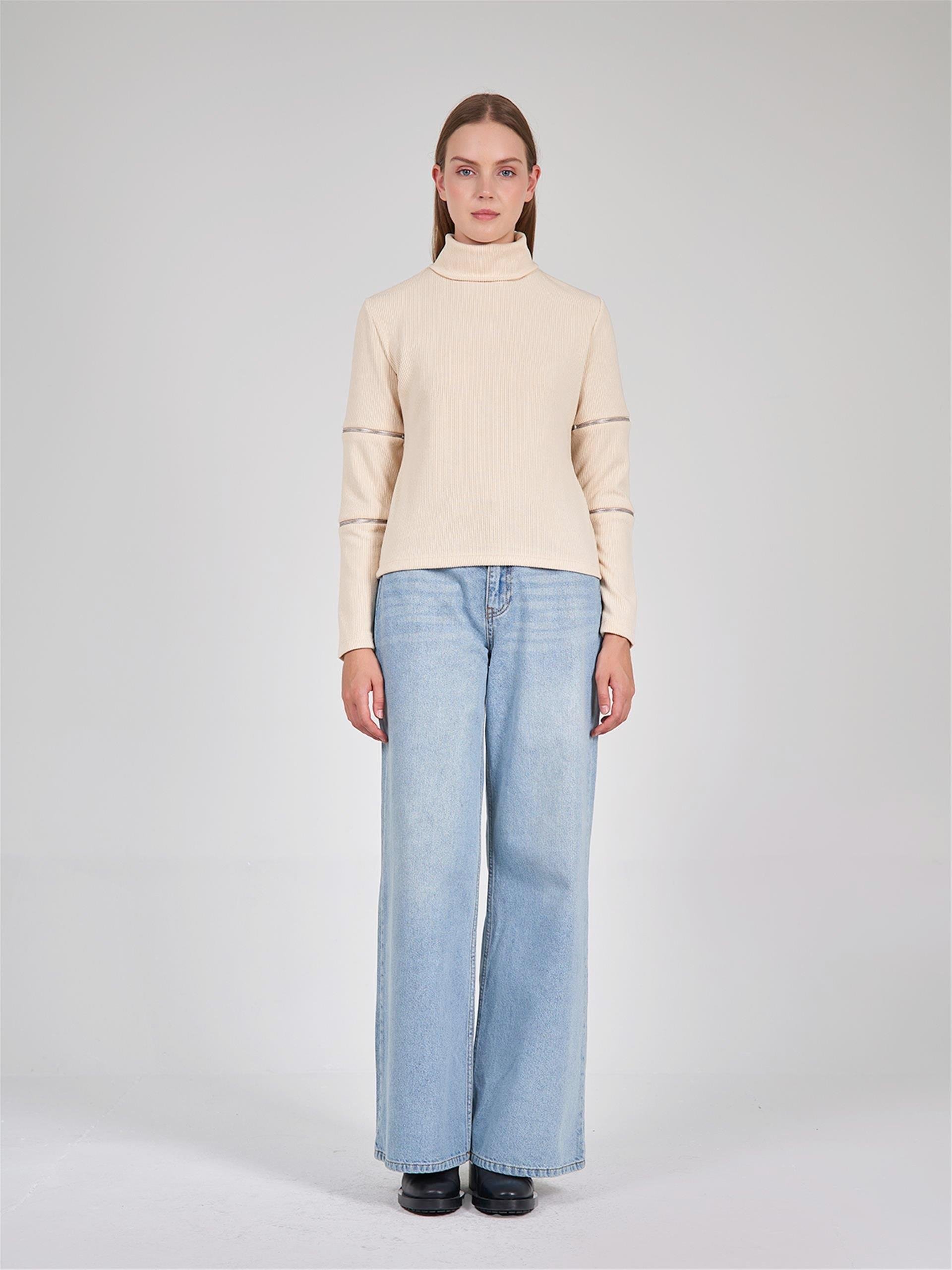 190691 HIGH NECK JERSEY SWEATER WITH ZIPPER DETAILED ARMS