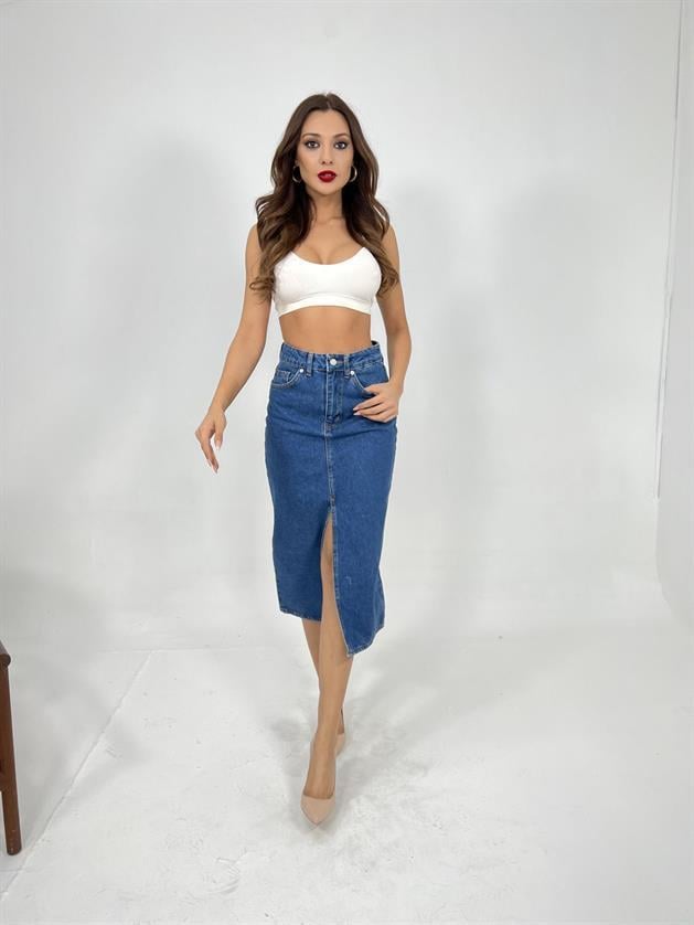 6471 DENİM MIDI SLIT SKIRT-KOYU MAVİ