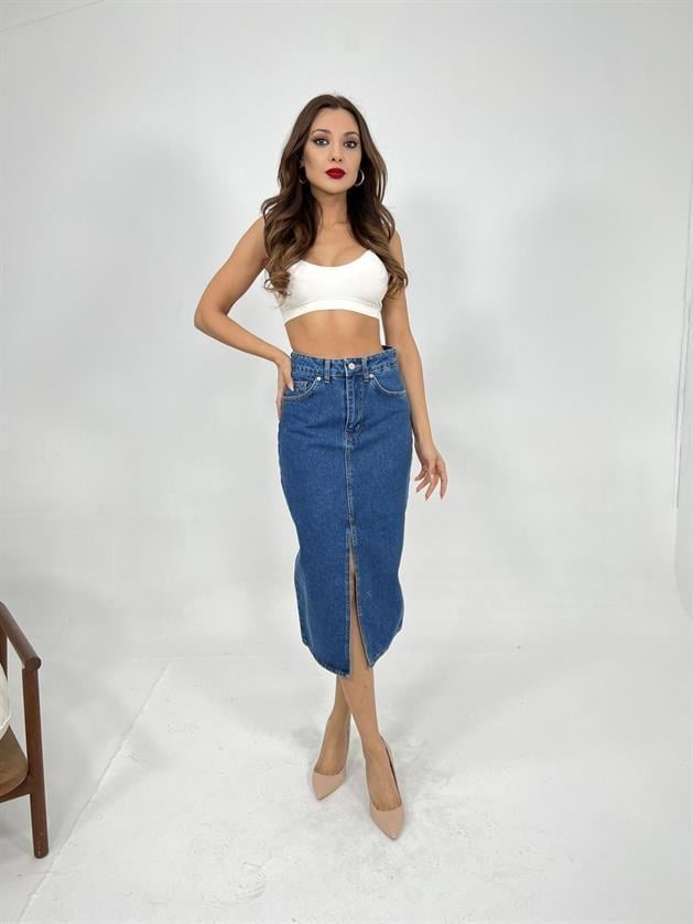 6471 DENİM MIDI SLIT SKIRT-KOYU MAVİ