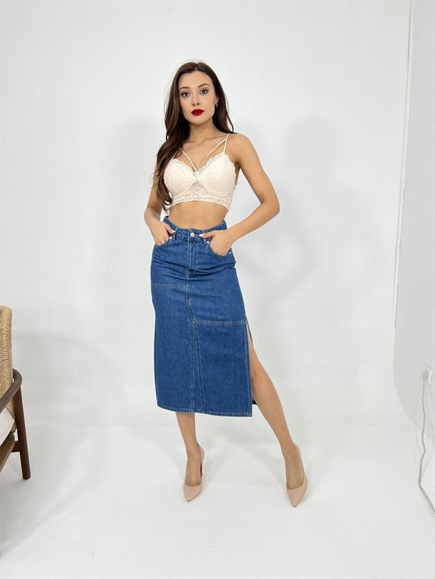 6900 SLIPPED MIDI SKIRT-MAVİ