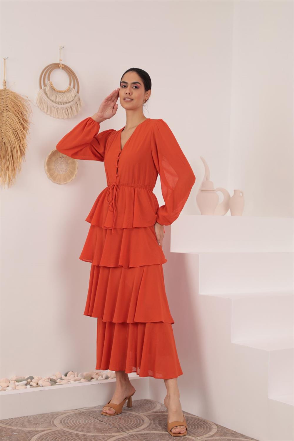 Aerobin Chiffon Fabric Layered Women's Dress-Orange