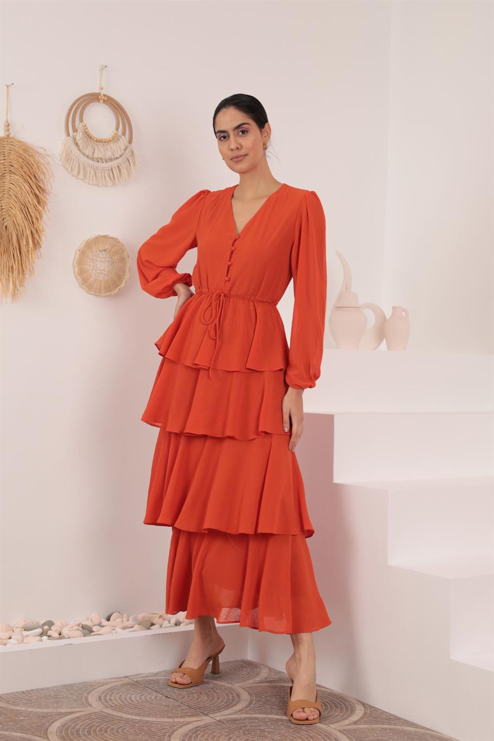 Aerobin Chiffon Fabric Layered Women's Dress-Orange