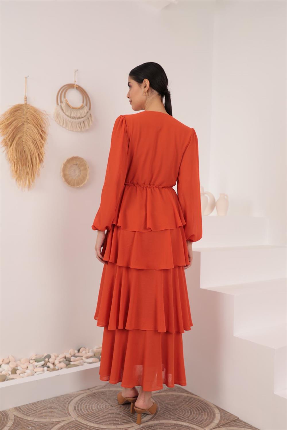 Aerobin Chiffon Fabric Layered Women's Dress-Orange