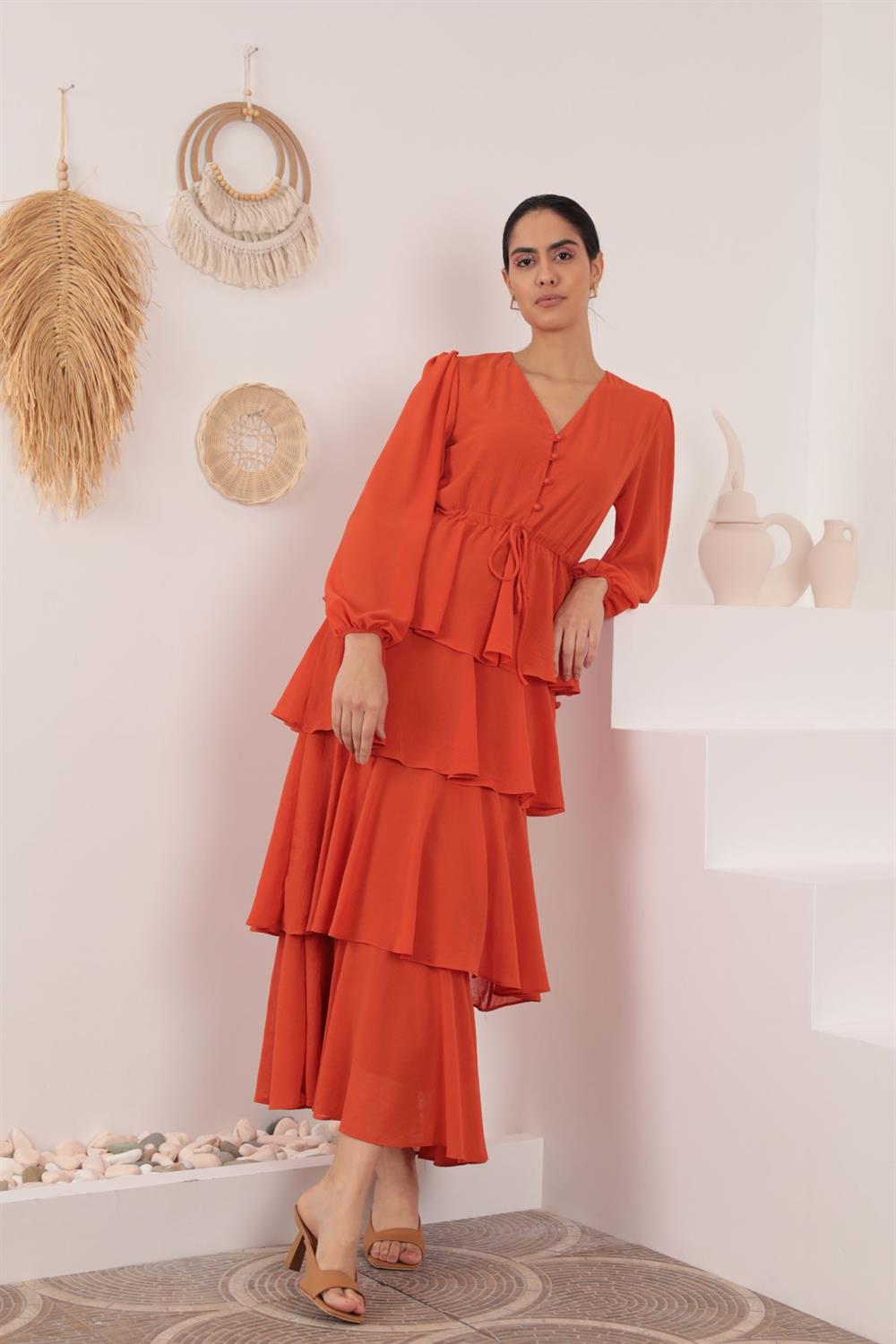 Aerobin Chiffon Fabric Layered Women's Dress-Orange
