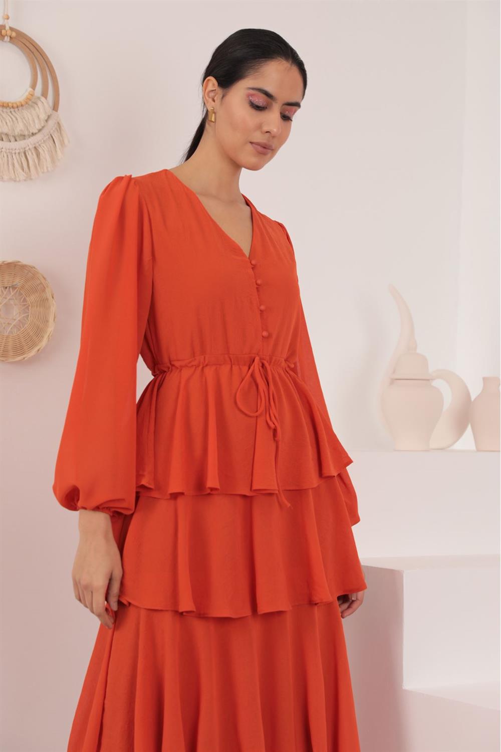 Aerobin Chiffon Fabric Layered Women's Dress-Orange