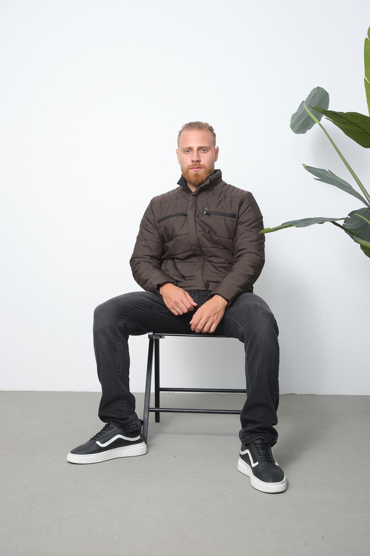 Wholesale Anthracite Double Zipper Pocket Stand Collar Jacket 3082A