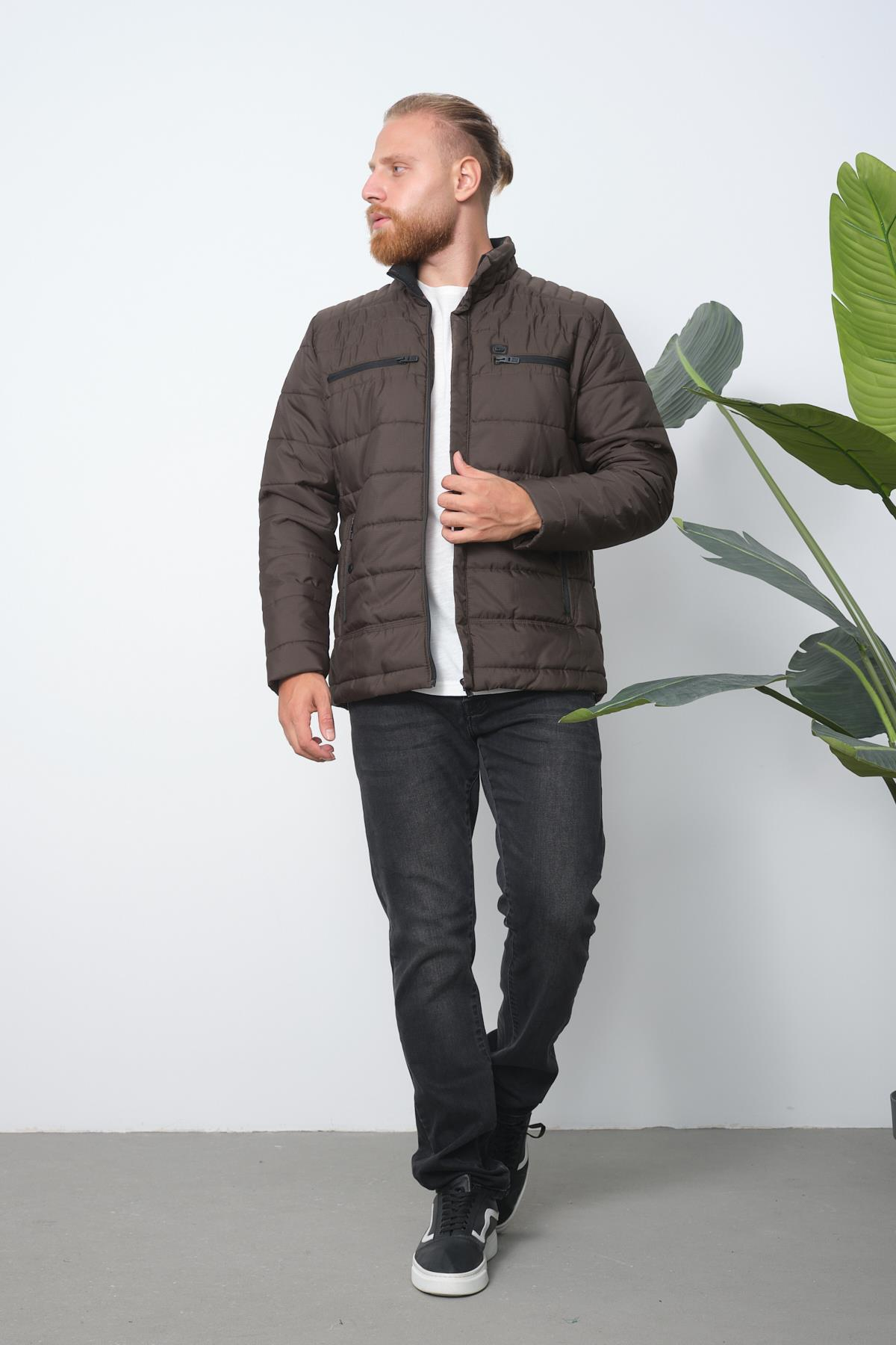 Wholesale Anthracite Double Zipper Pocket Stand Collar Jacket 3082A