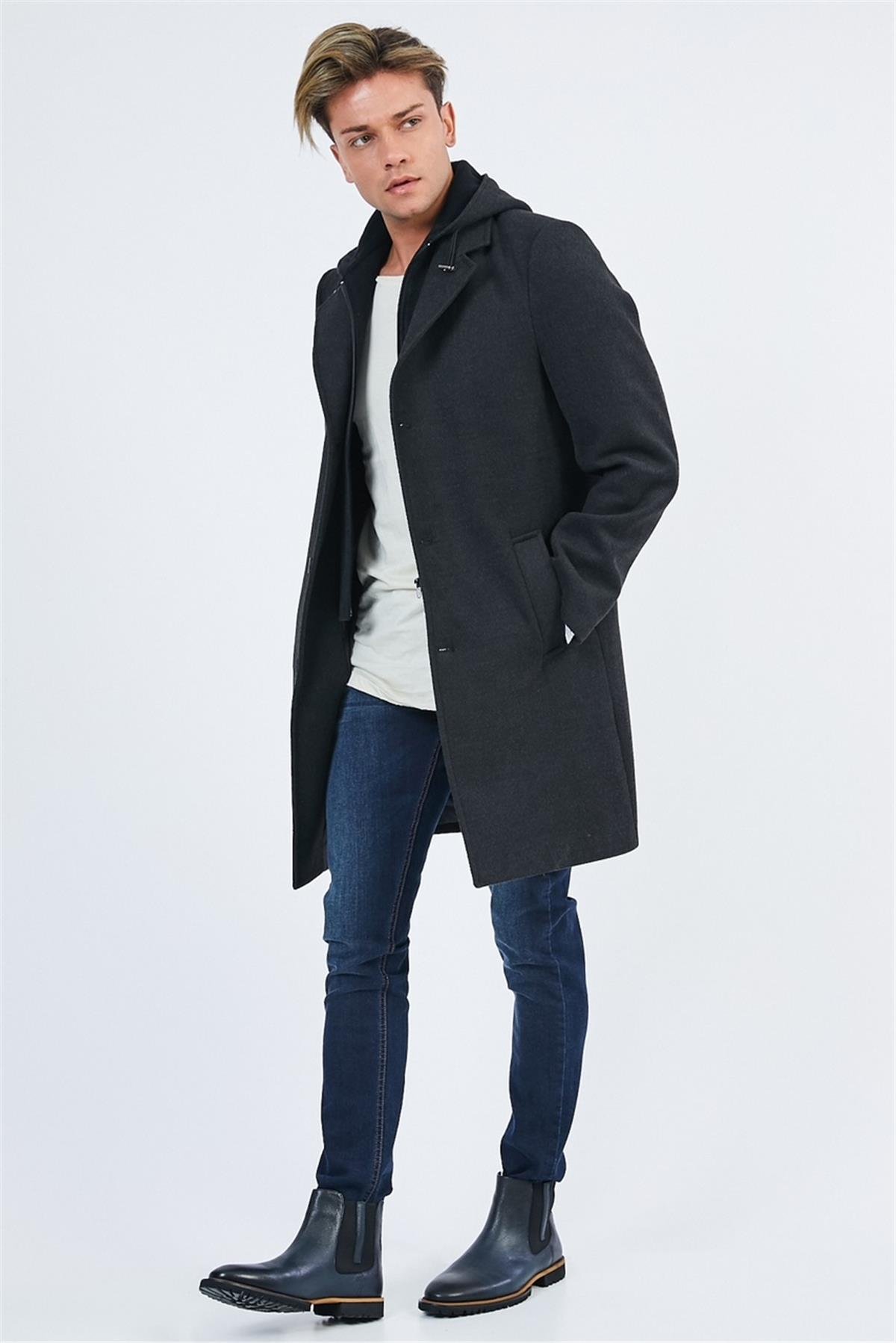 Wholesale Anthracite Detachable Hood Cashmere Coat 4940A