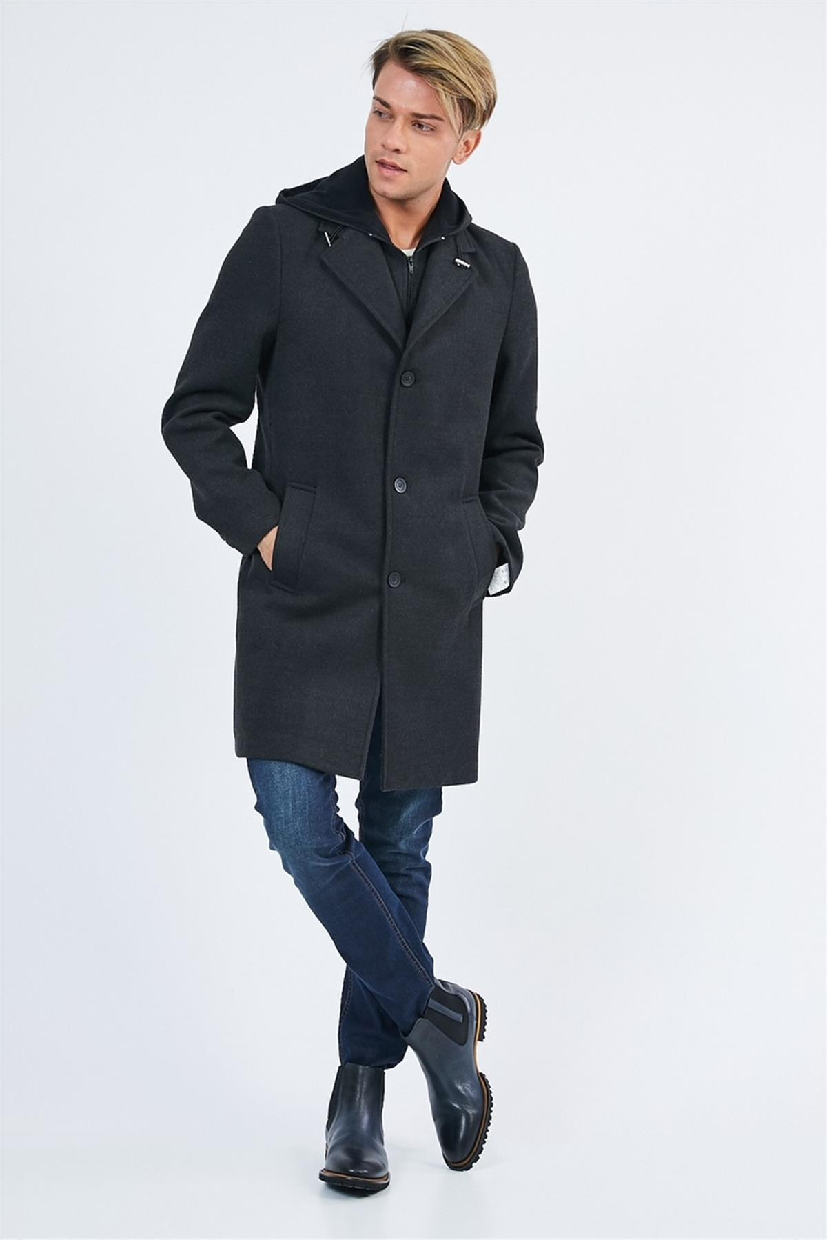 Wholesale Anthracite Detachable Hood Cashmere Coat 4940A