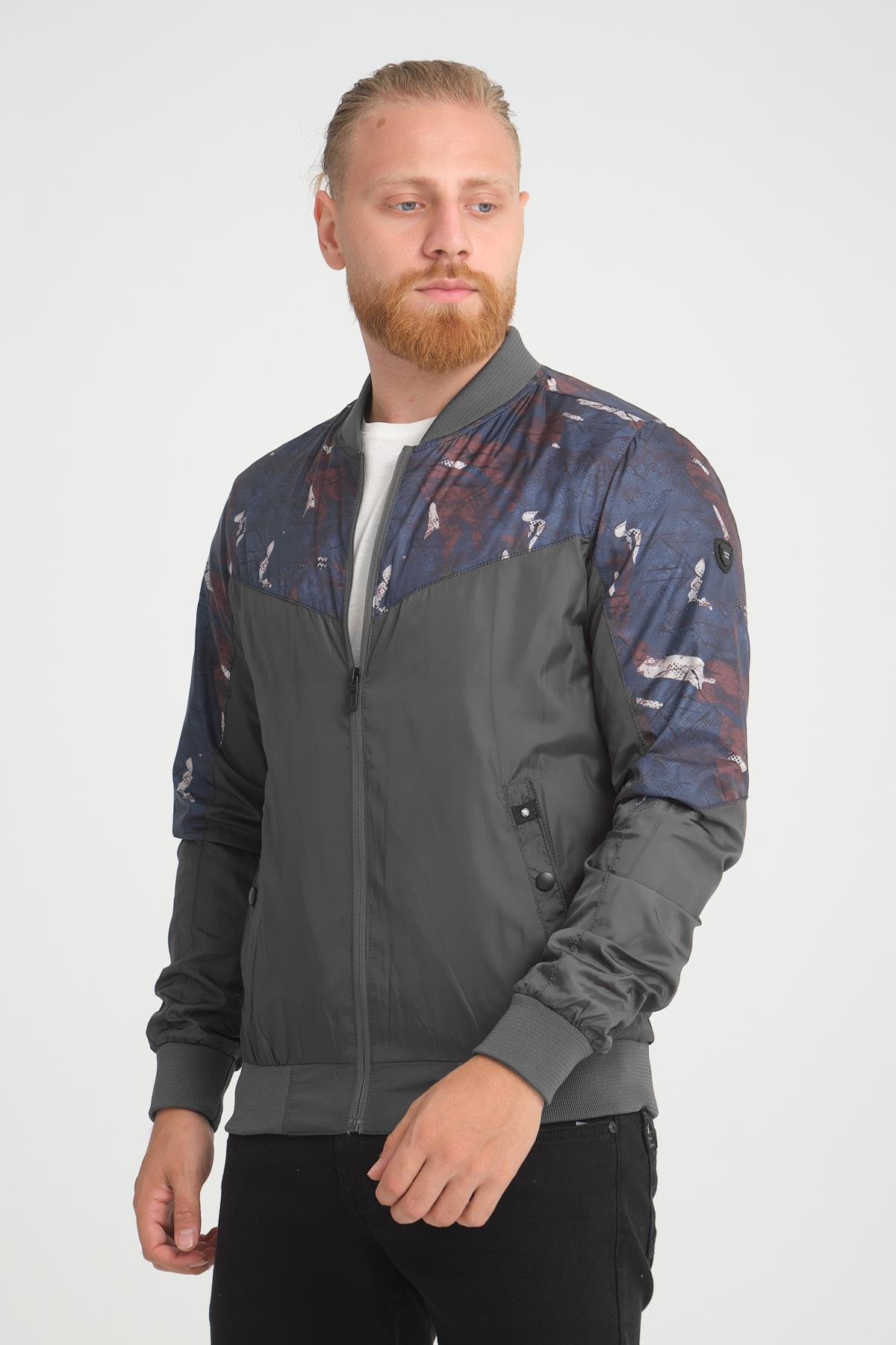 Wholesale Anthracite Patterned Pilot Collar Jersey Lined Spring Jacket 30512A