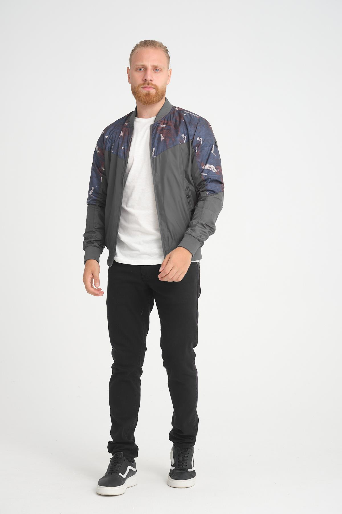 Wholesale Anthracite Patterned Pilot Collar Jersey Lined Spring Jacket 30512A