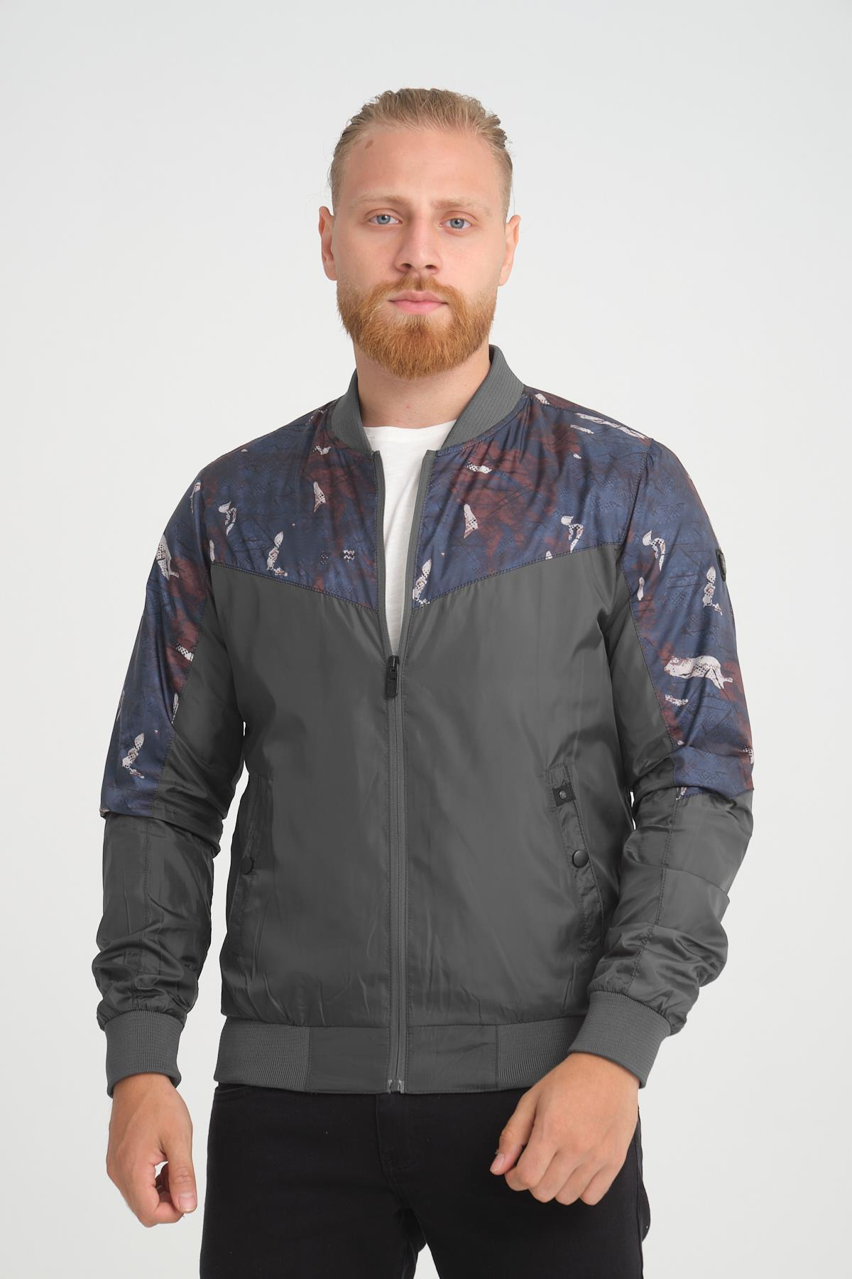 Wholesale Anthracite Patterned Pilot Collar Jersey Lined Spring Jacket 30512A