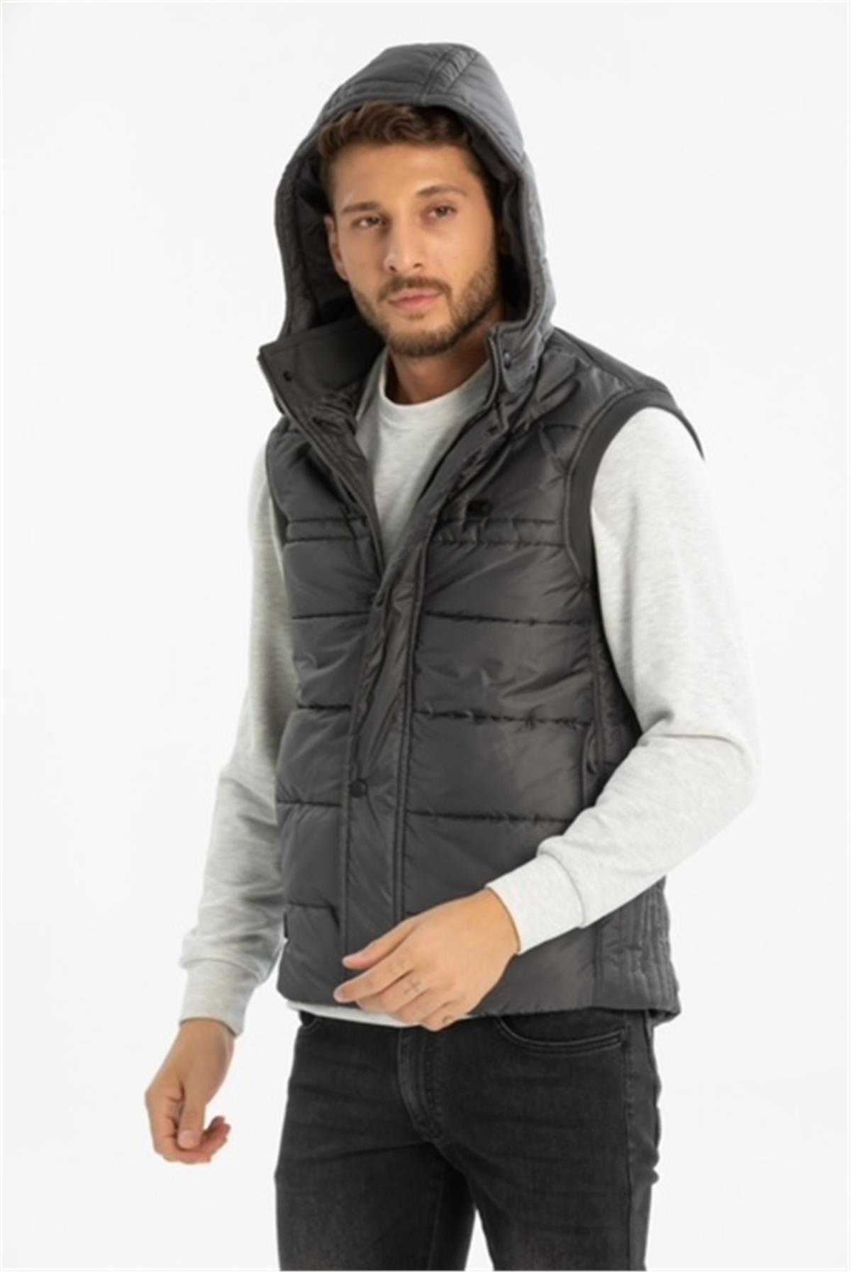 Wholesale Anthracite Hooded Jersey Lined Puffer Vest 3749A