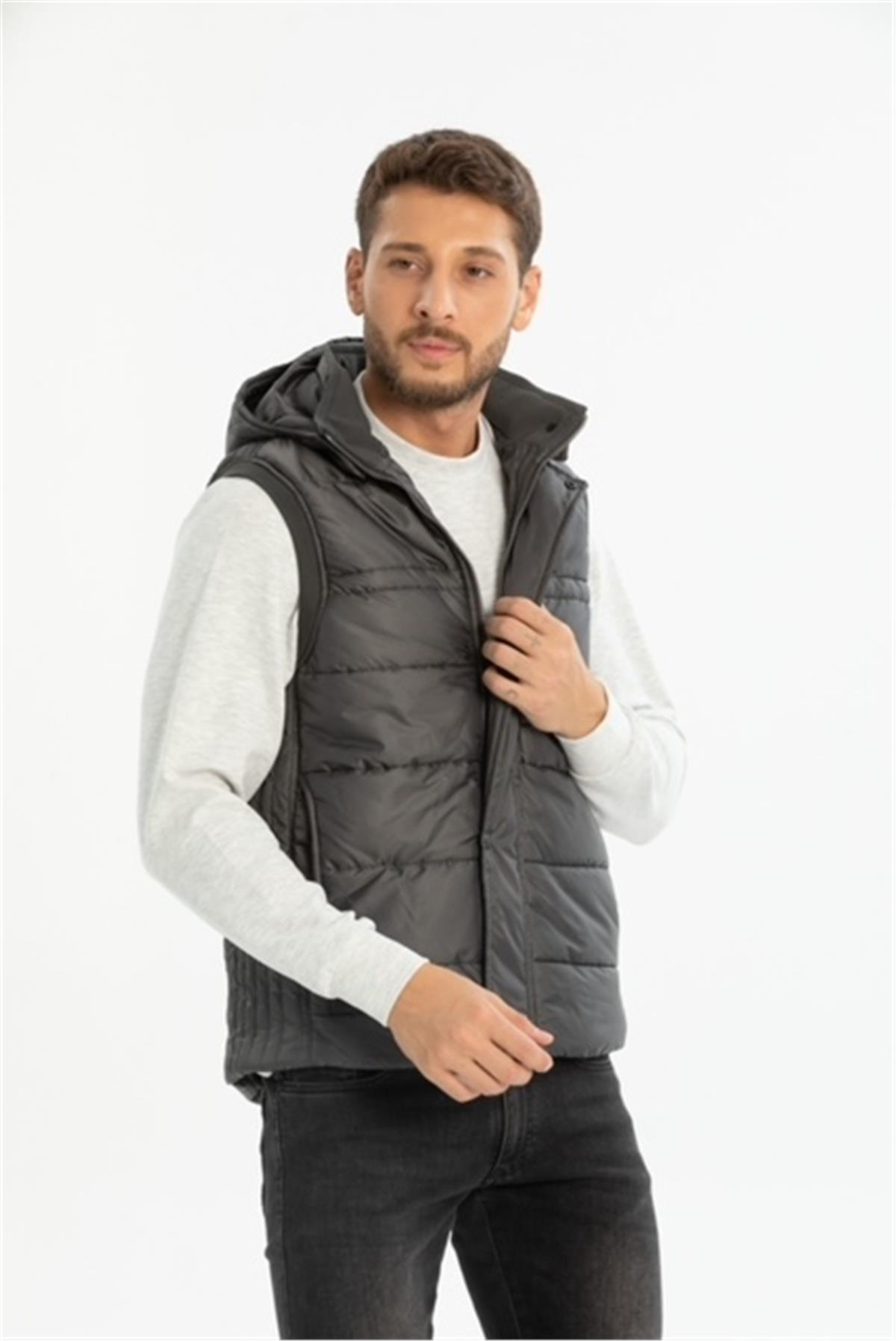 Wholesale Anthracite Hooded Jersey Lined Puffer Vest 3749A