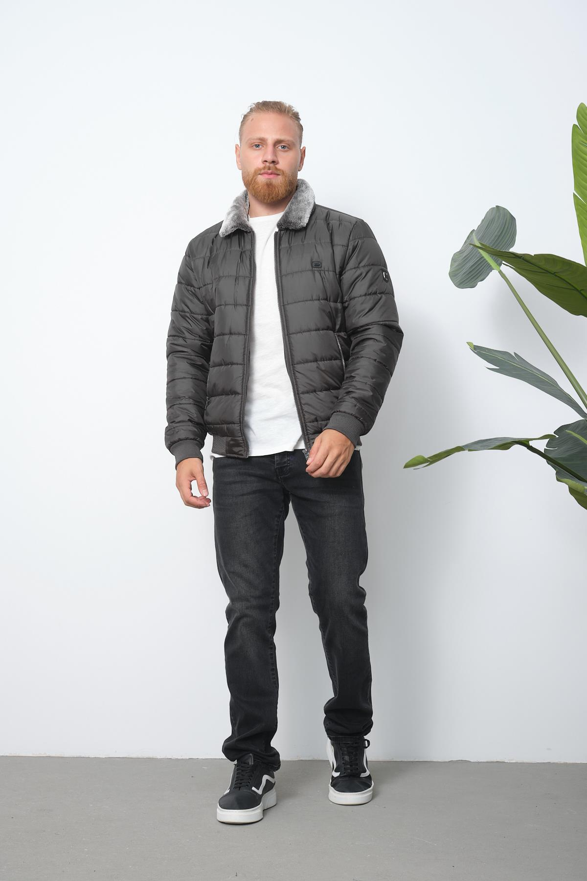 Wholesale Anthracite Fur Collar Puffer Coat 3037A