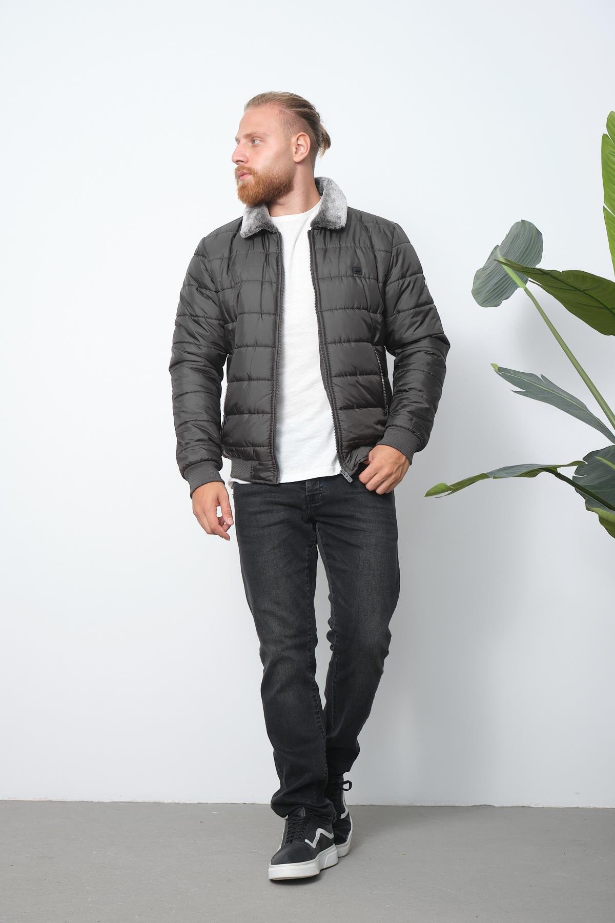 Wholesale Anthracite Fur Collar Puffer Coat 3037A