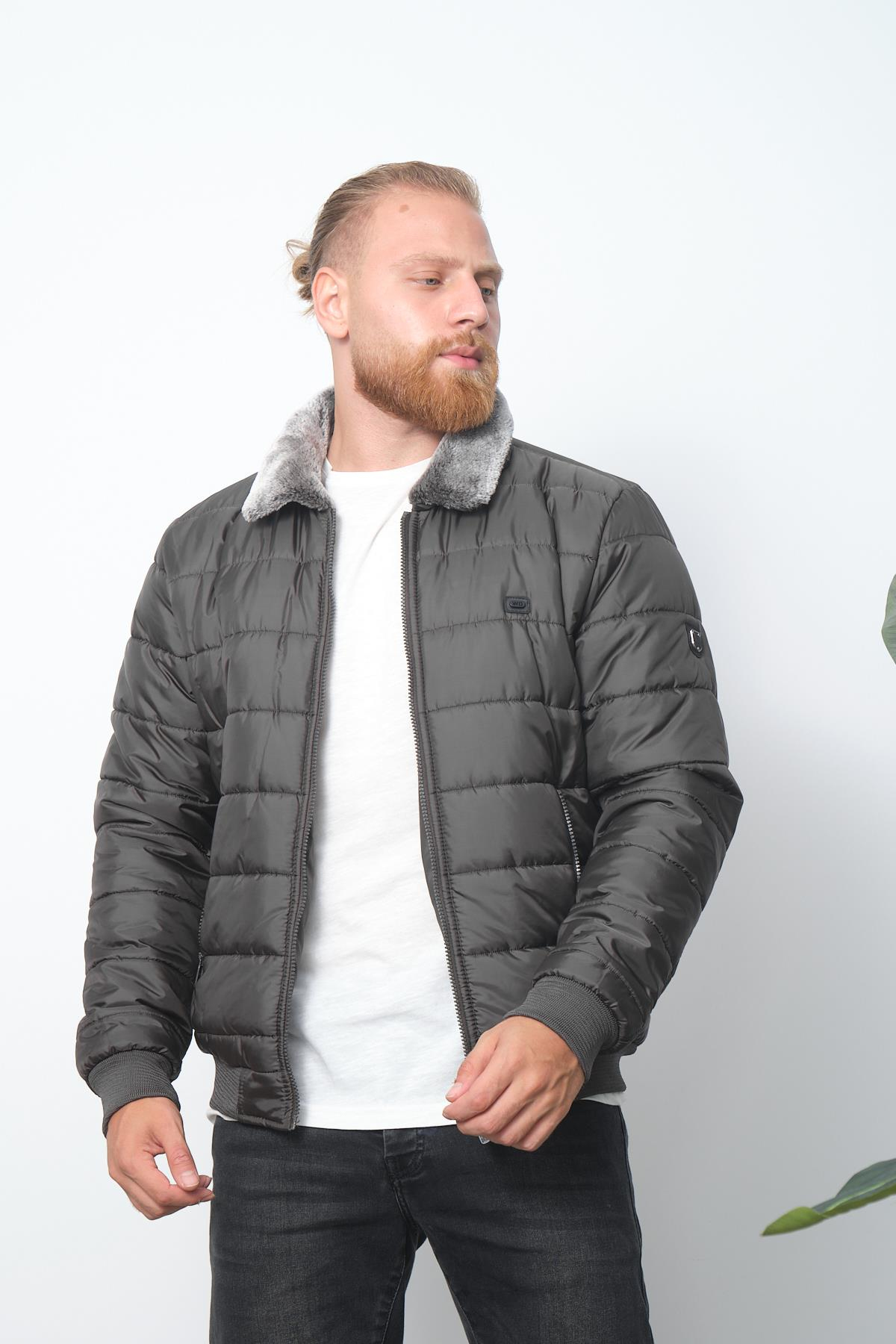 Wholesale Anthracite Fur Collar Puffer Coat 3037A