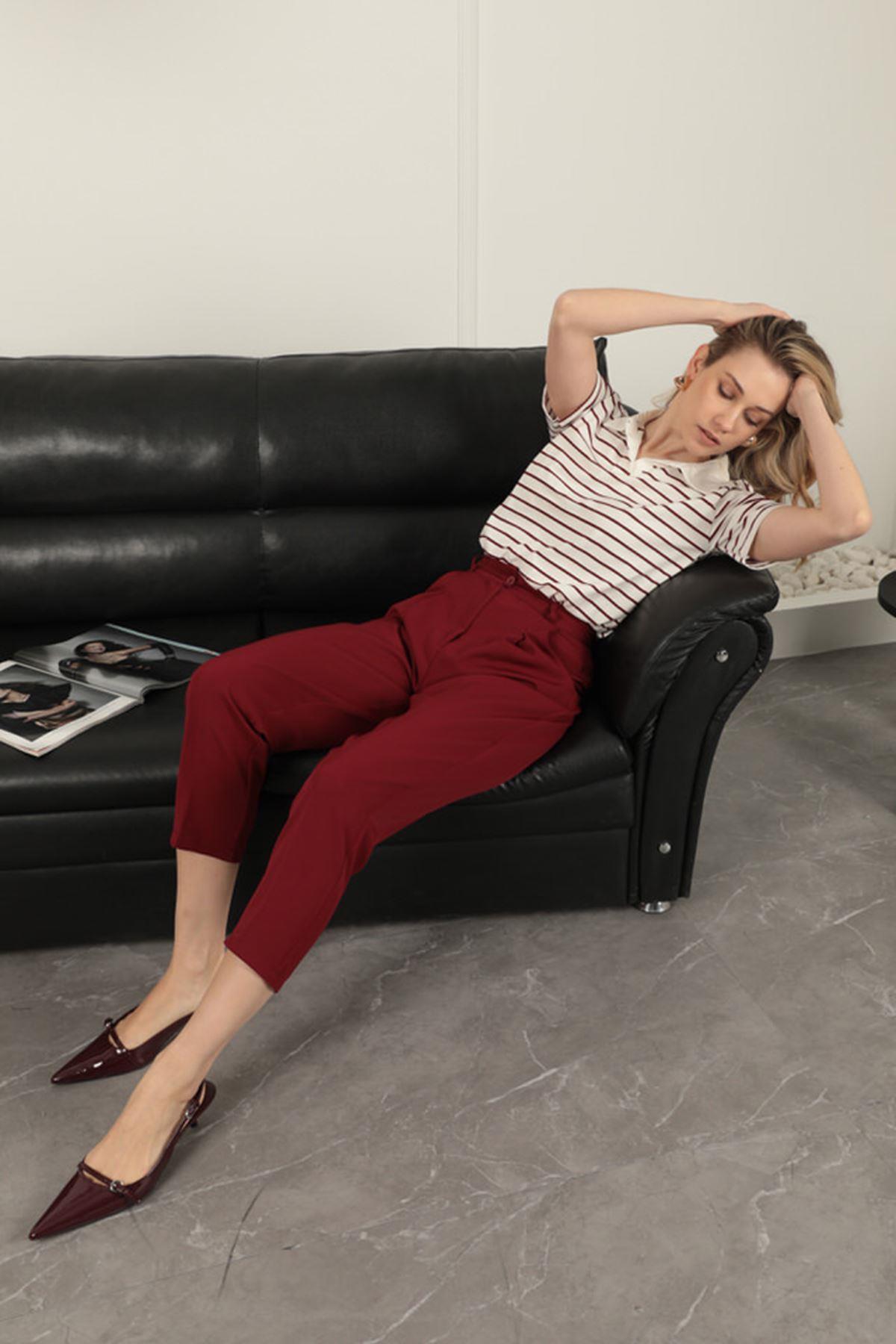 Atlas Fabric Women's Carrot Trousers-Burgundy