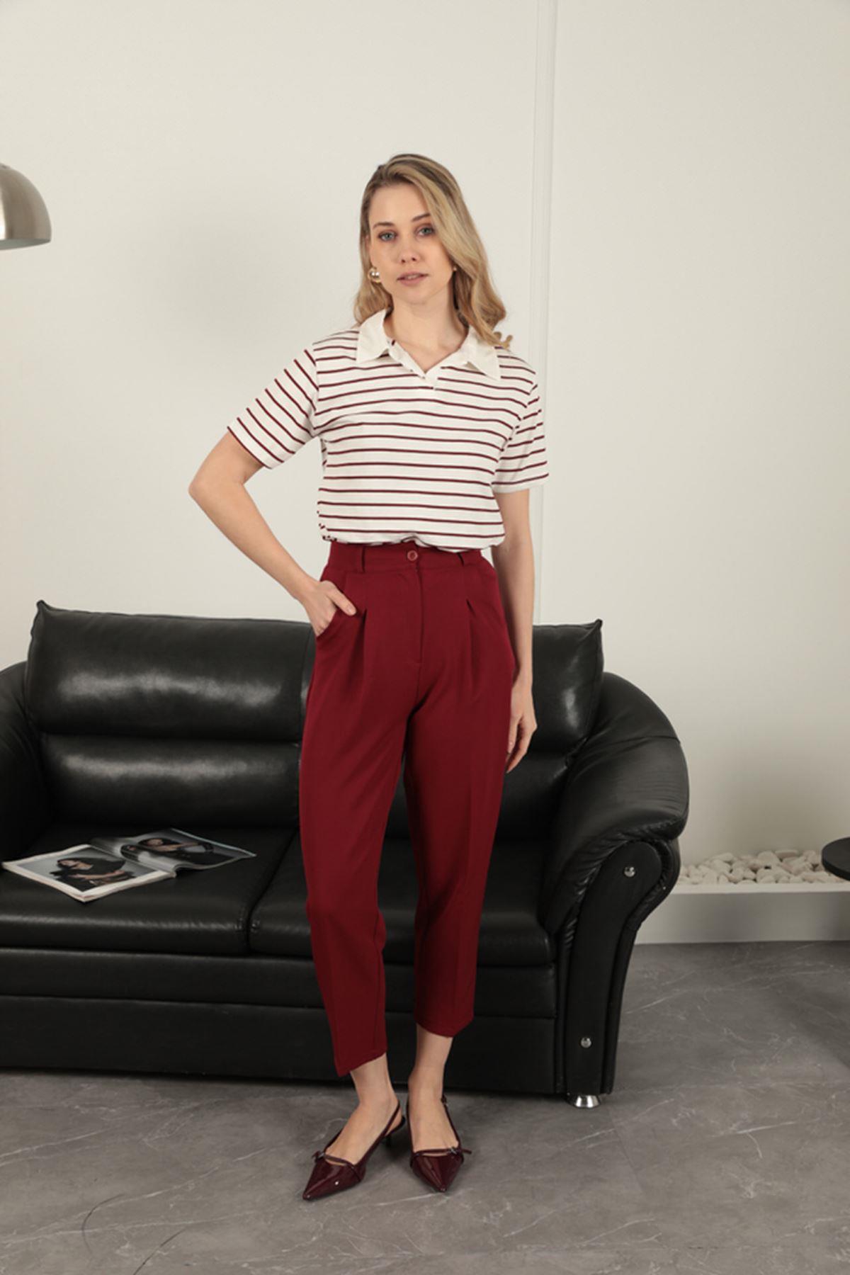 Atlas Fabric Women's Carrot Trousers-Burgundy