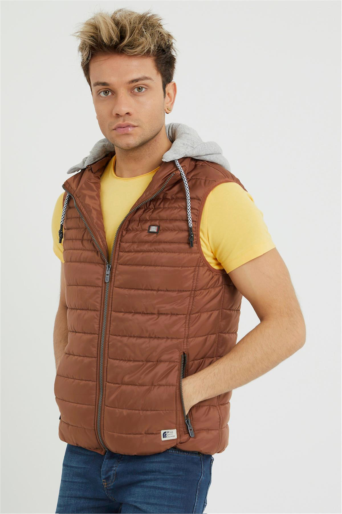 Wholesale Copper Detachable Hood Jersey Lined Puffer Vest 3515B