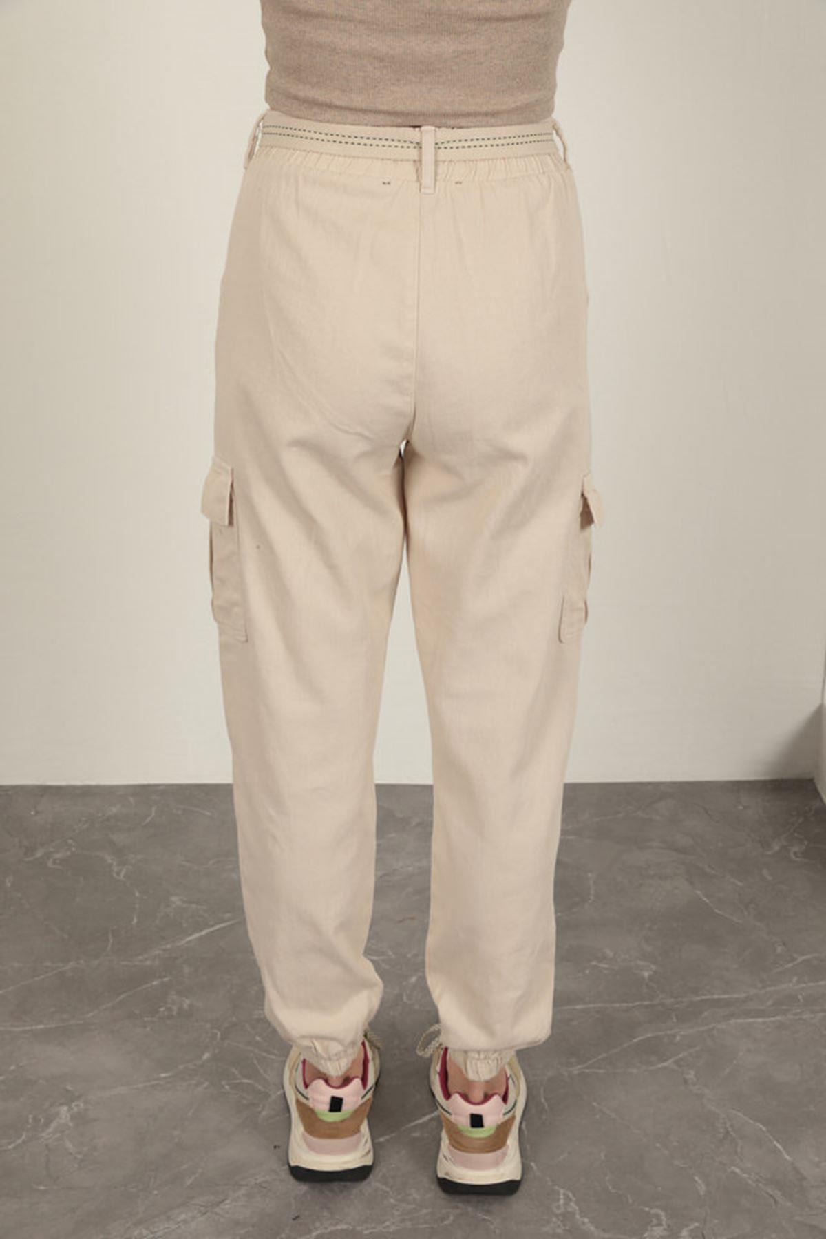 Belted Cargo Pants for Women-Beige