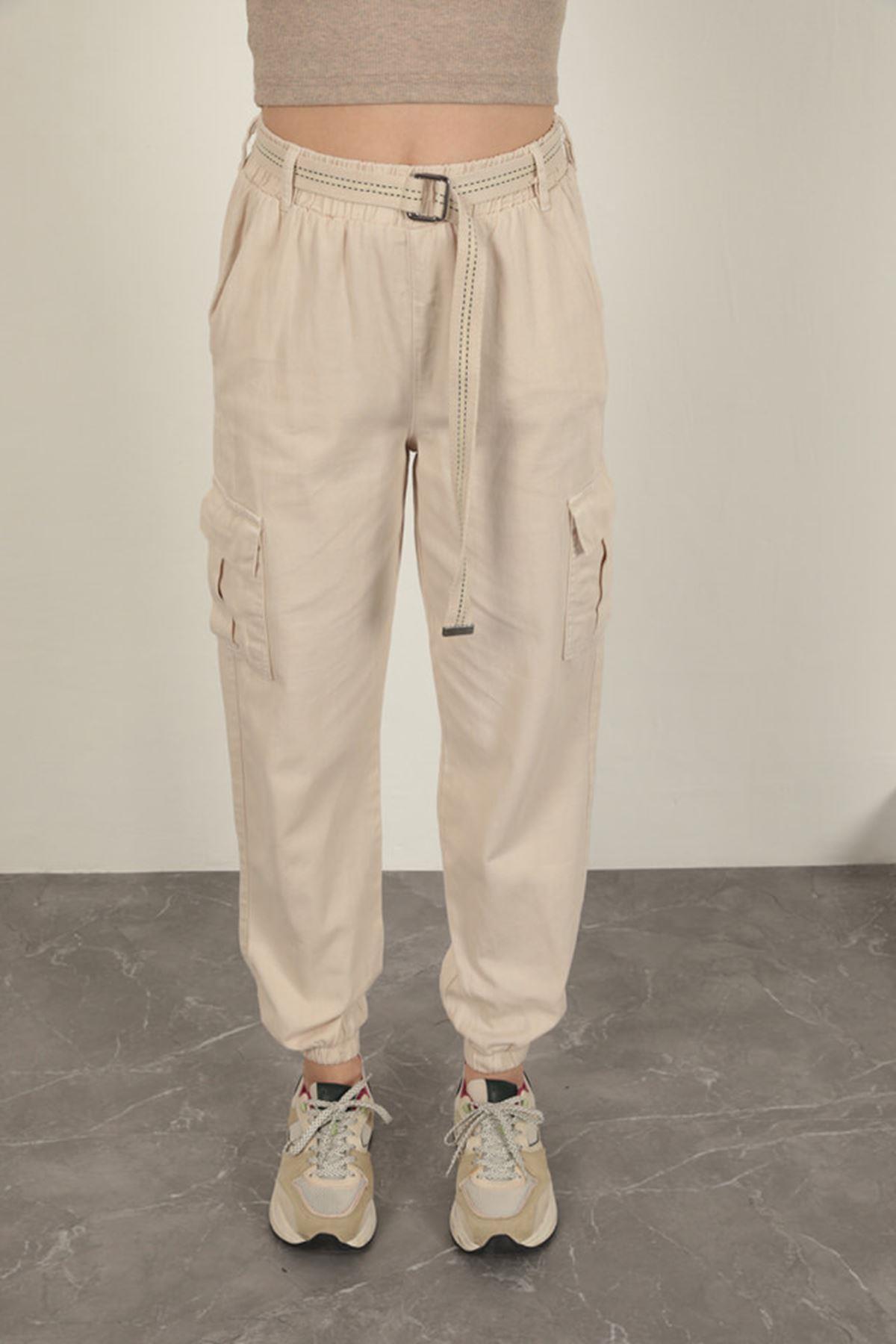 Belted Cargo Pants for Women-Beige