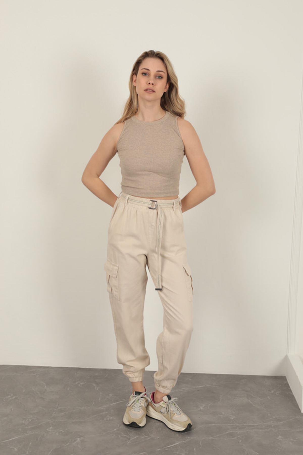 Belted Cargo Pants for Women-Beige