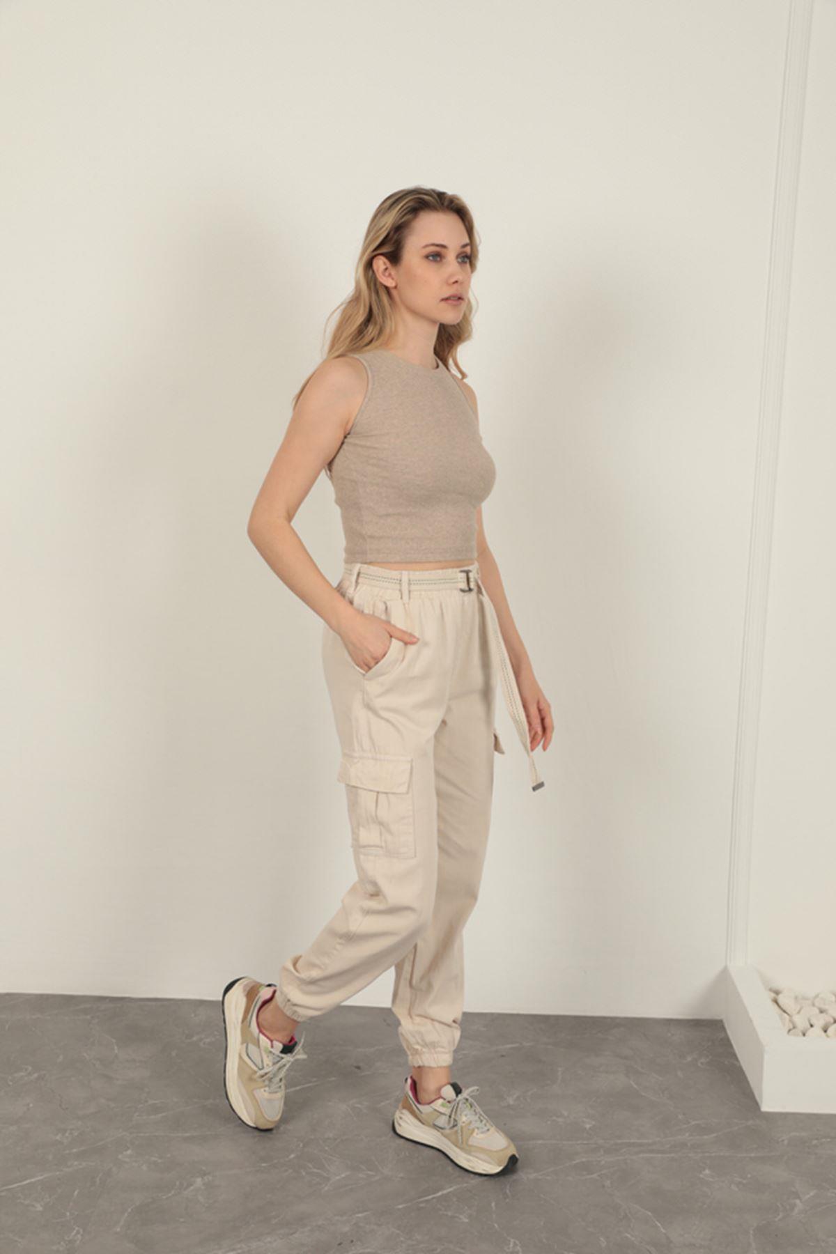 Belted Cargo Pants for Women-Beige
