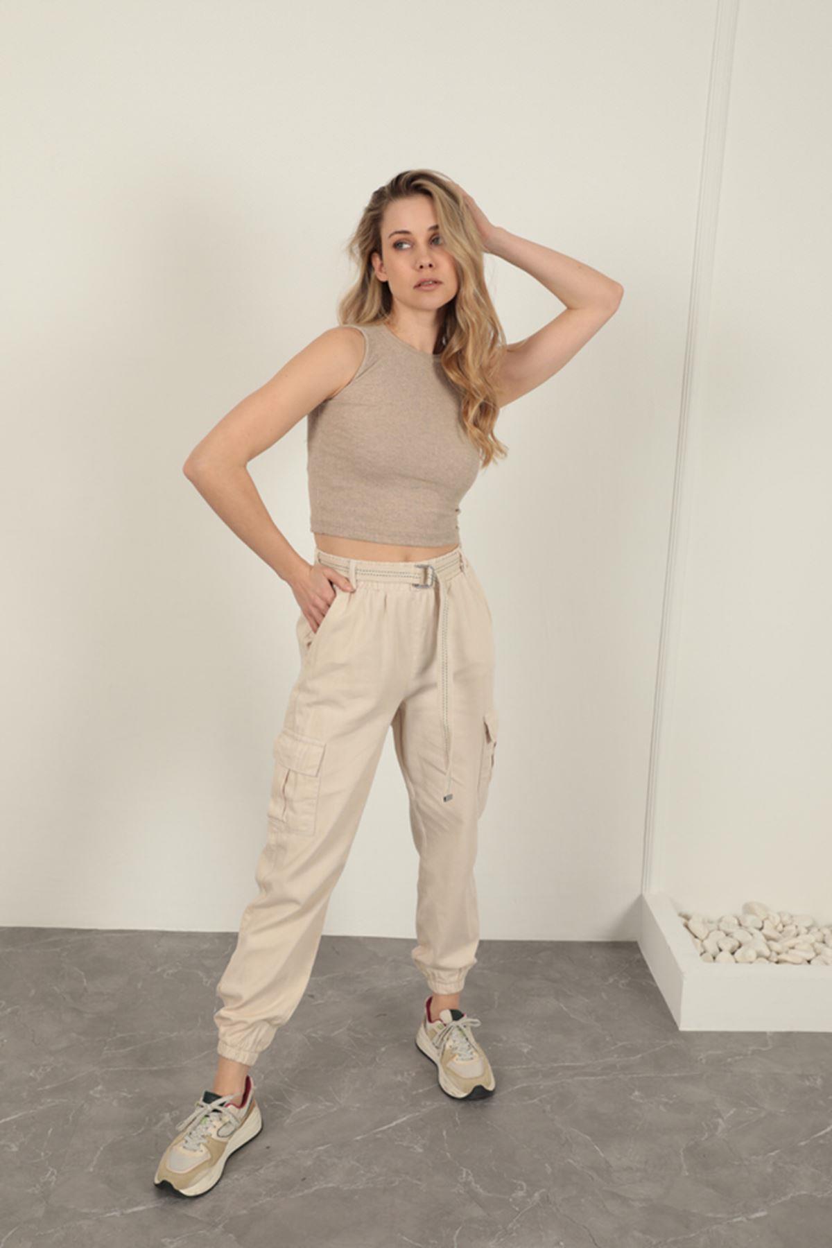 Belted Cargo Pants for Women-Beige