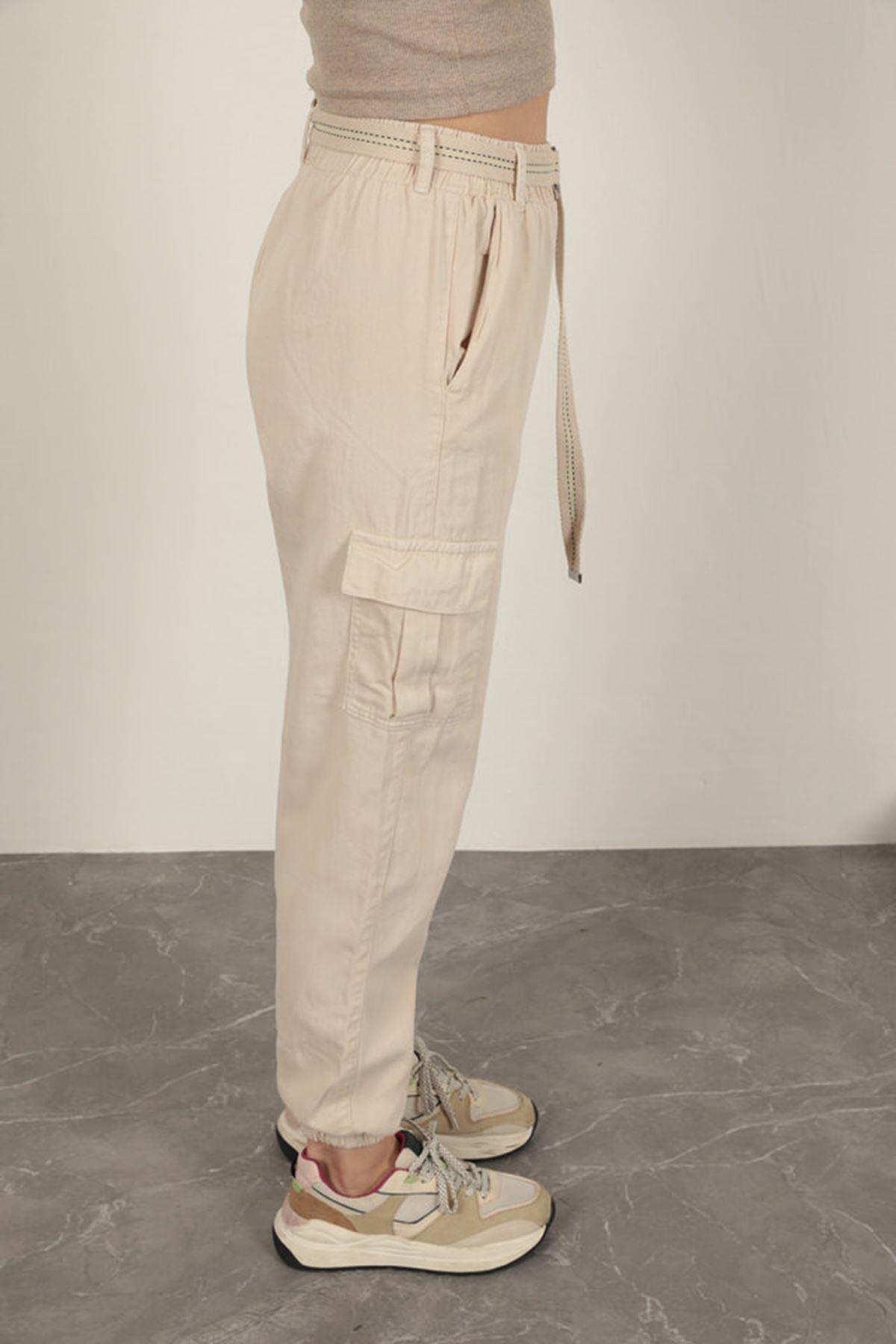 Belted Cargo Pants for Women-Beige