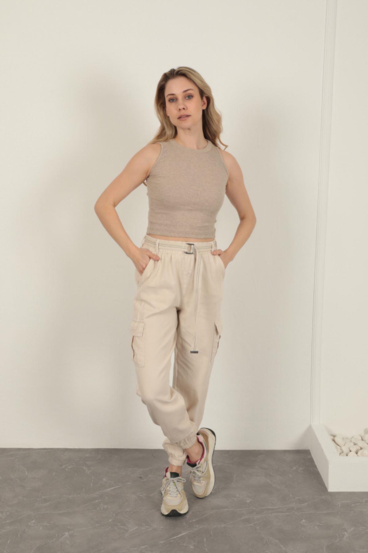 Belted Cargo Pants for Women-Beige