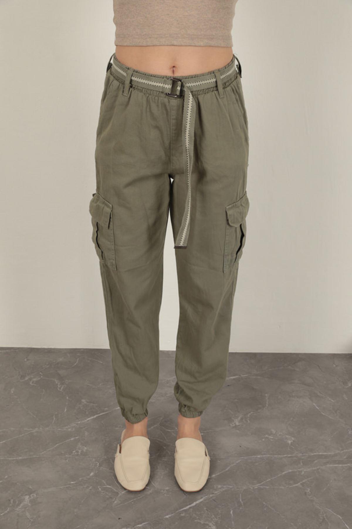 Belted Cargo Pants for Women-Khaki
