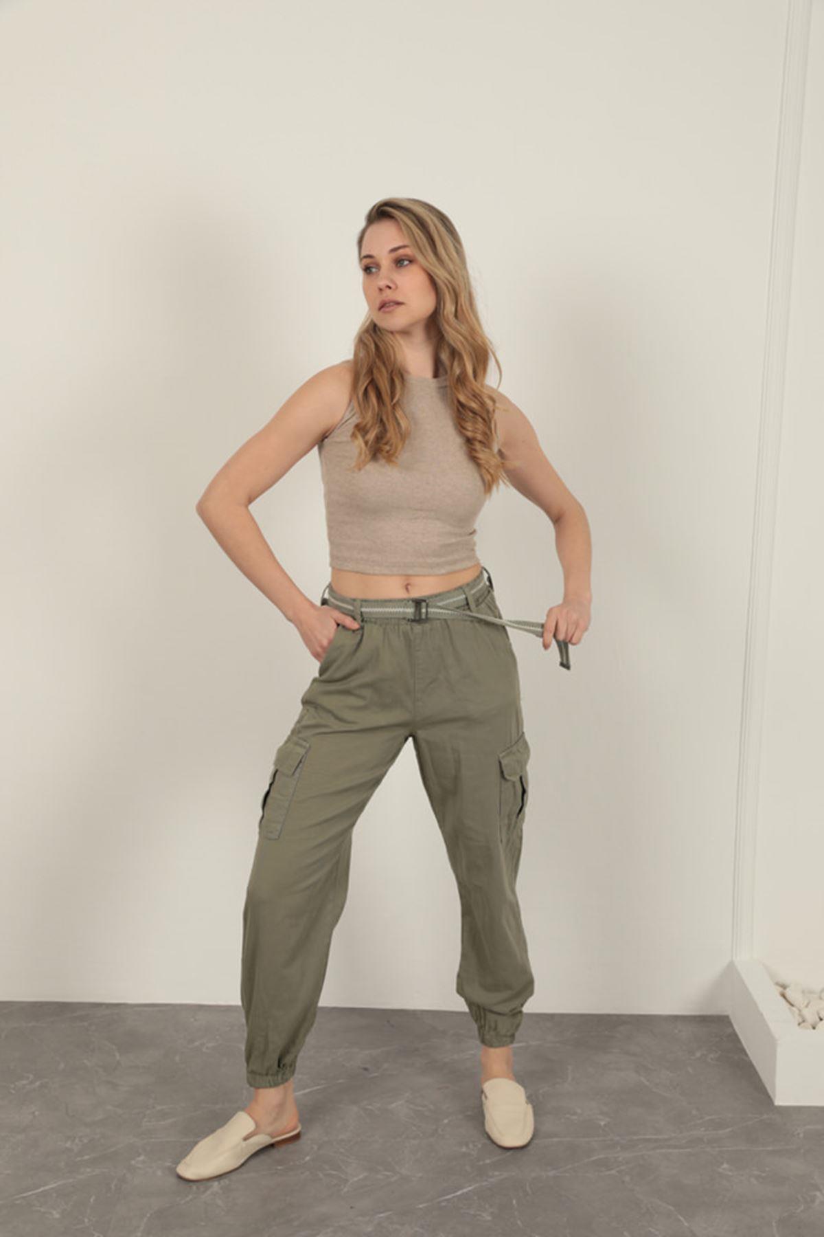 Belted Cargo Pants for Women-Khaki