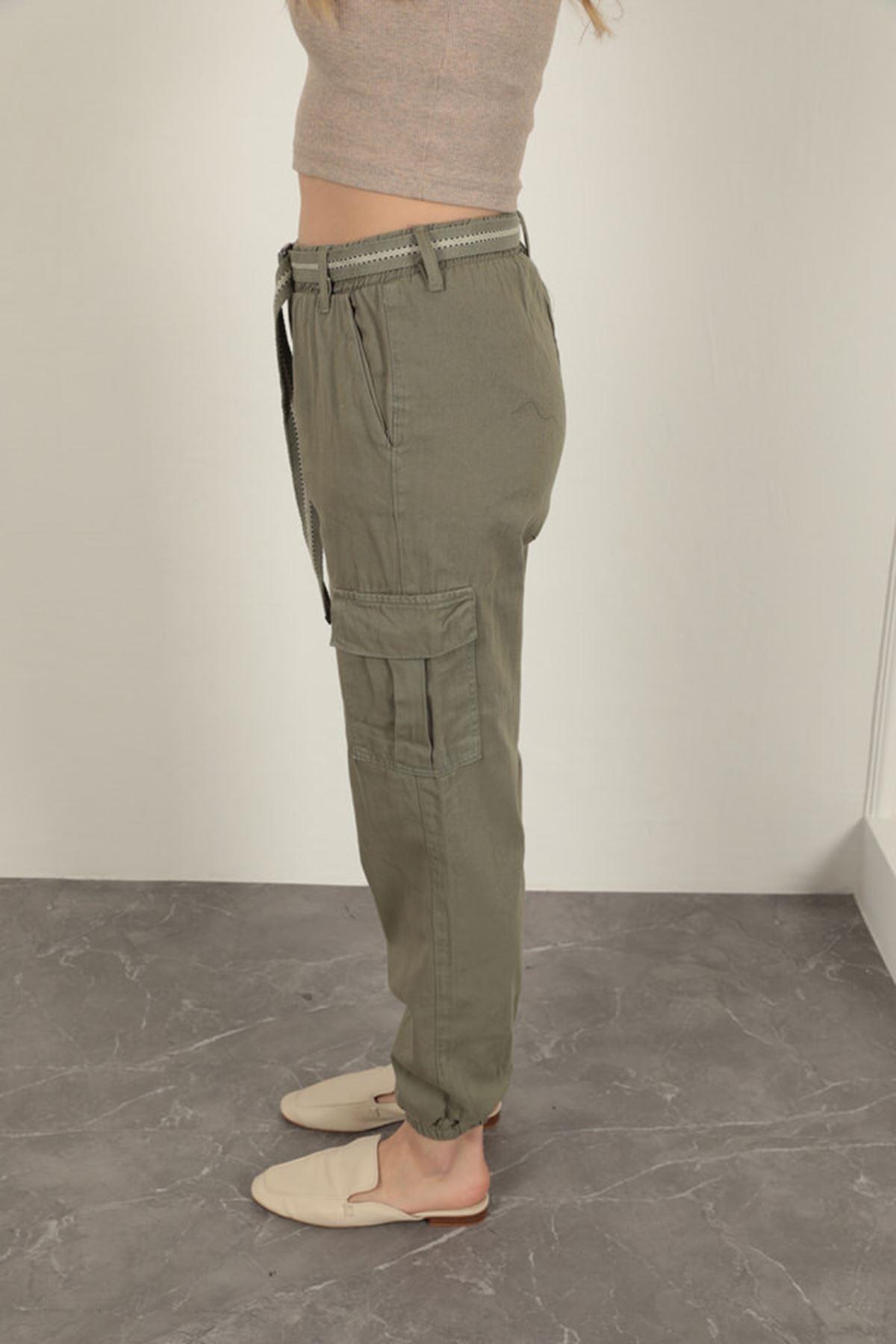 Belted Cargo Pants for Women-Khaki