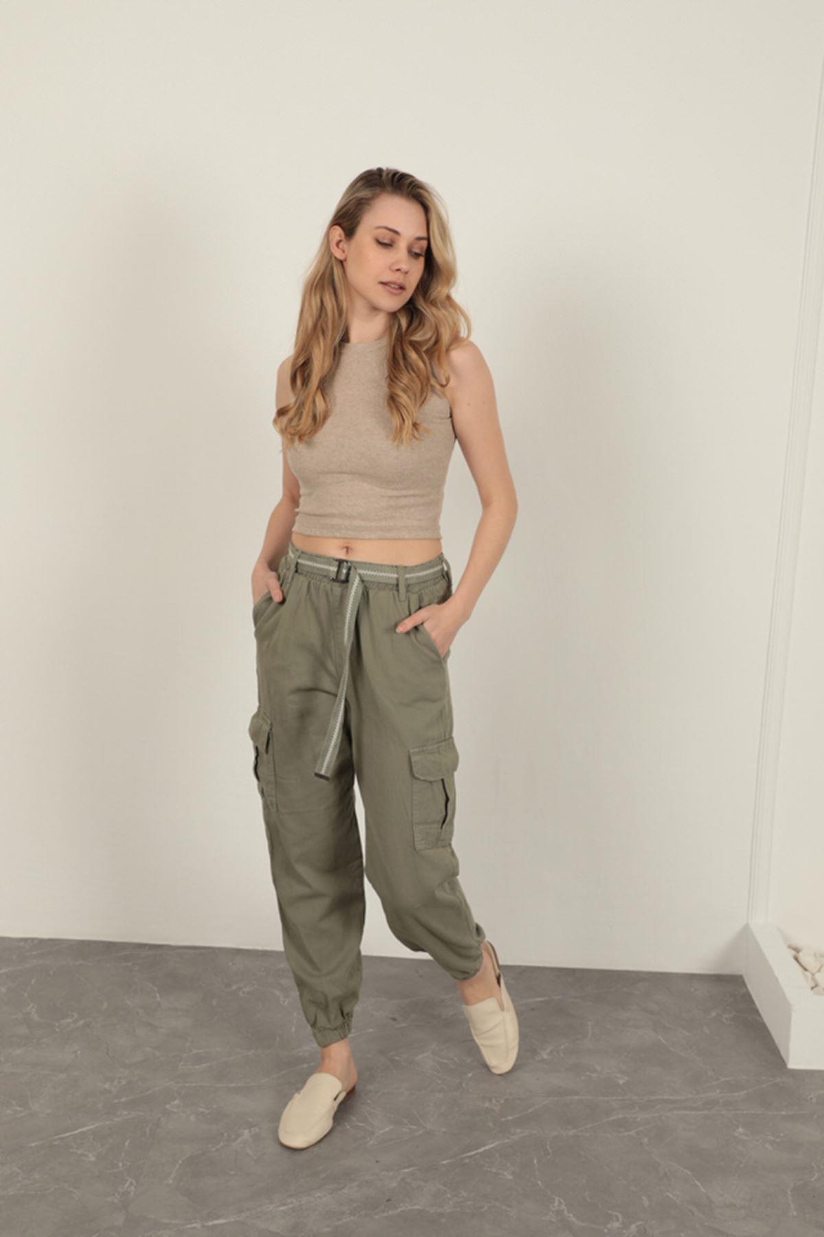 Belted Cargo Pants for Women-Khaki