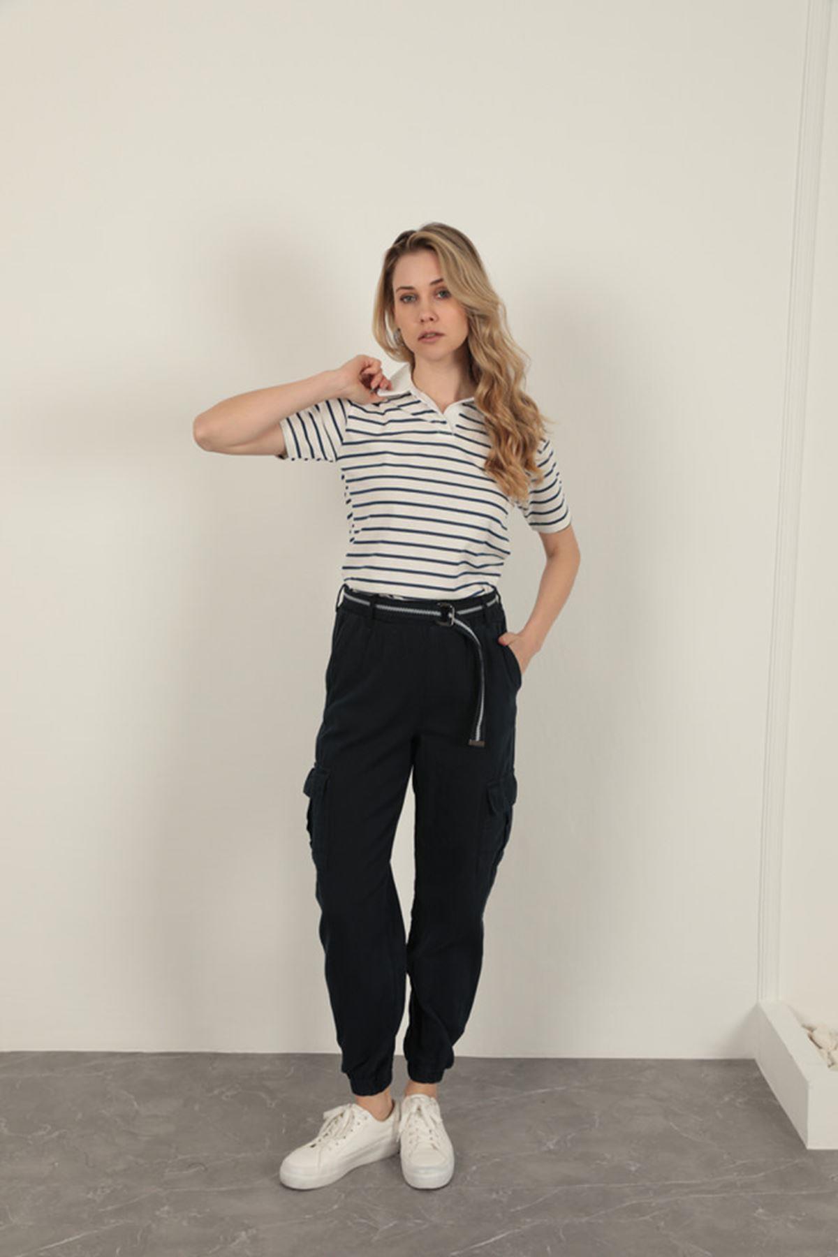 Belted Cargo Pants for Women-Navy Blue