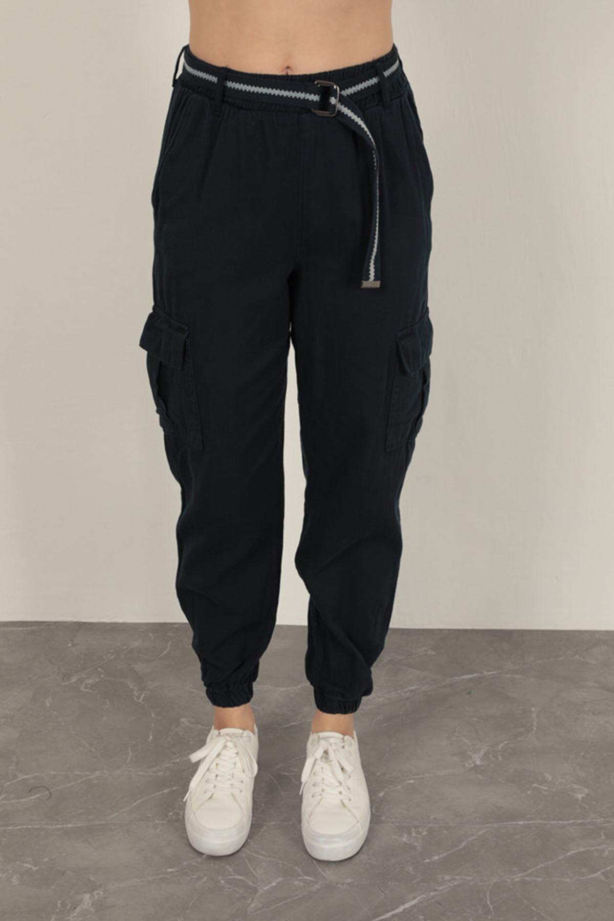 Belted Cargo Pants for Women-Navy Blue