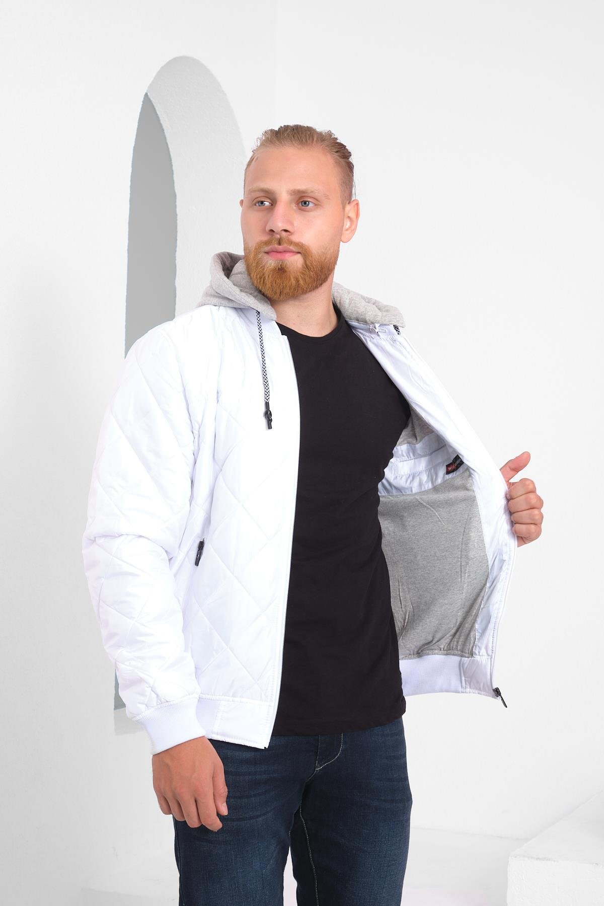 Wholesale White Diamond Pattern Detachable Hood Jacket 35733B