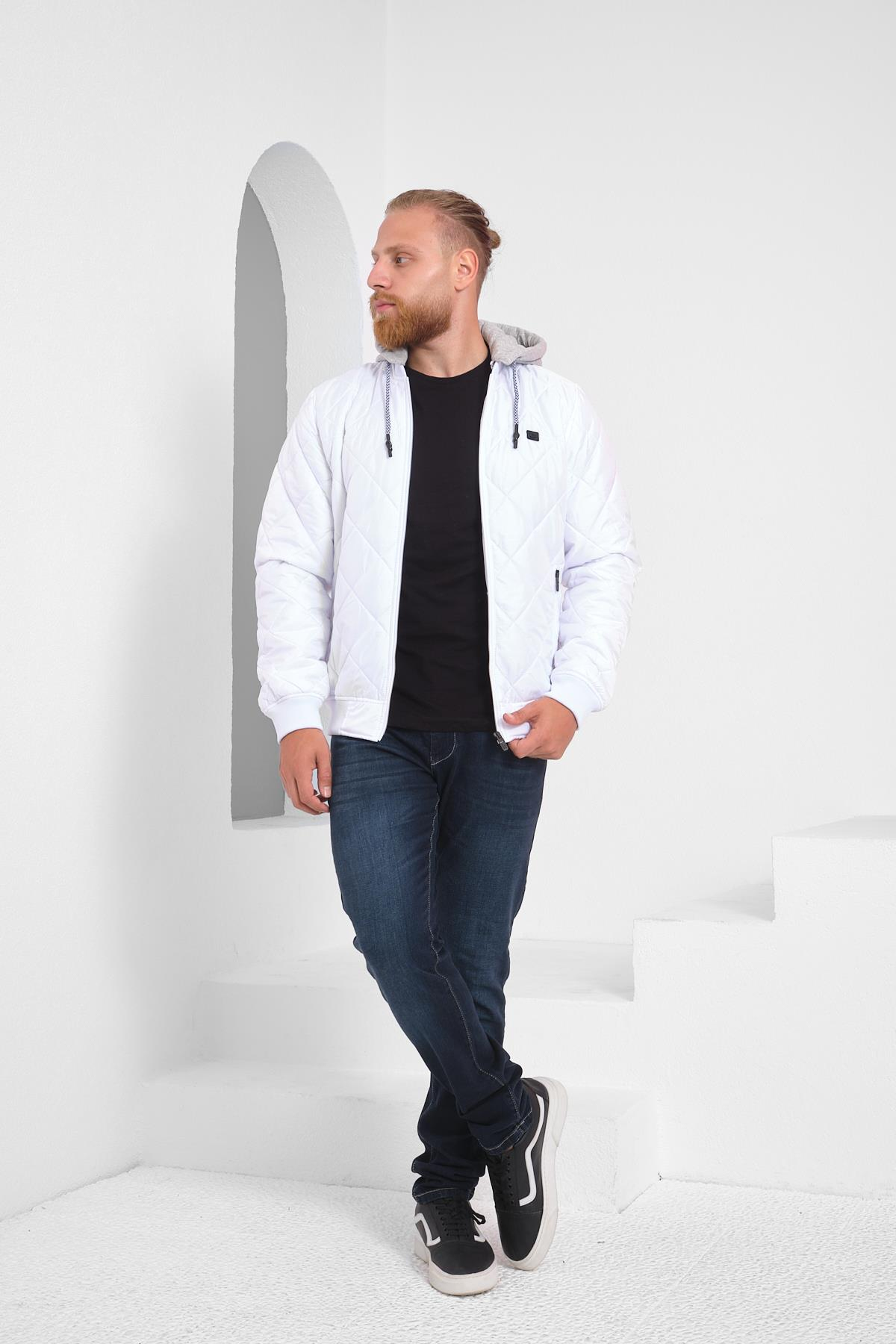 Wholesale White Diamond Pattern Detachable Hood Jacket 35733B