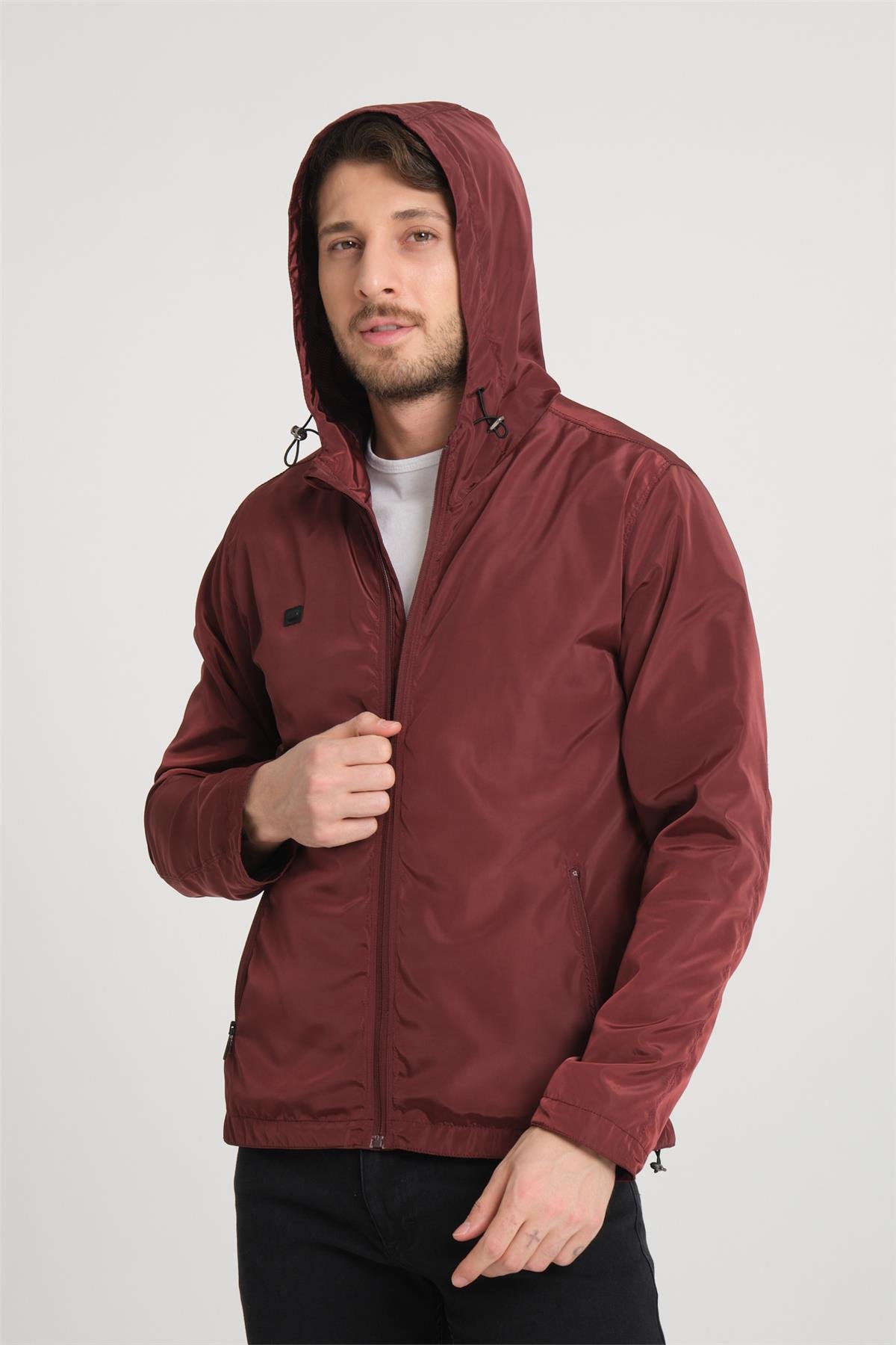 Wholesale Burgundy Hooded Mesh Lined Zipped Spring Jacket 37061B