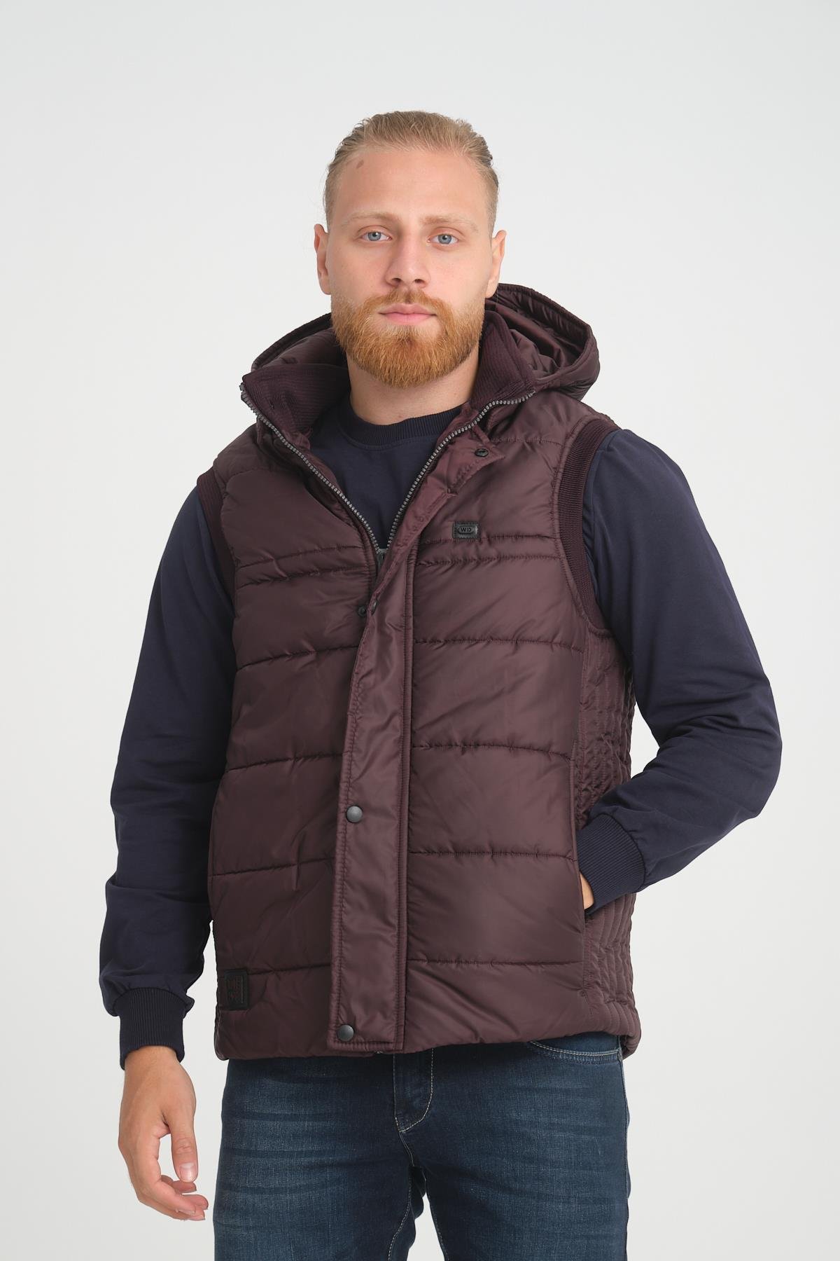 Wholesale Burgundy Hooded Jersey Lined Puffer Vest 3749B