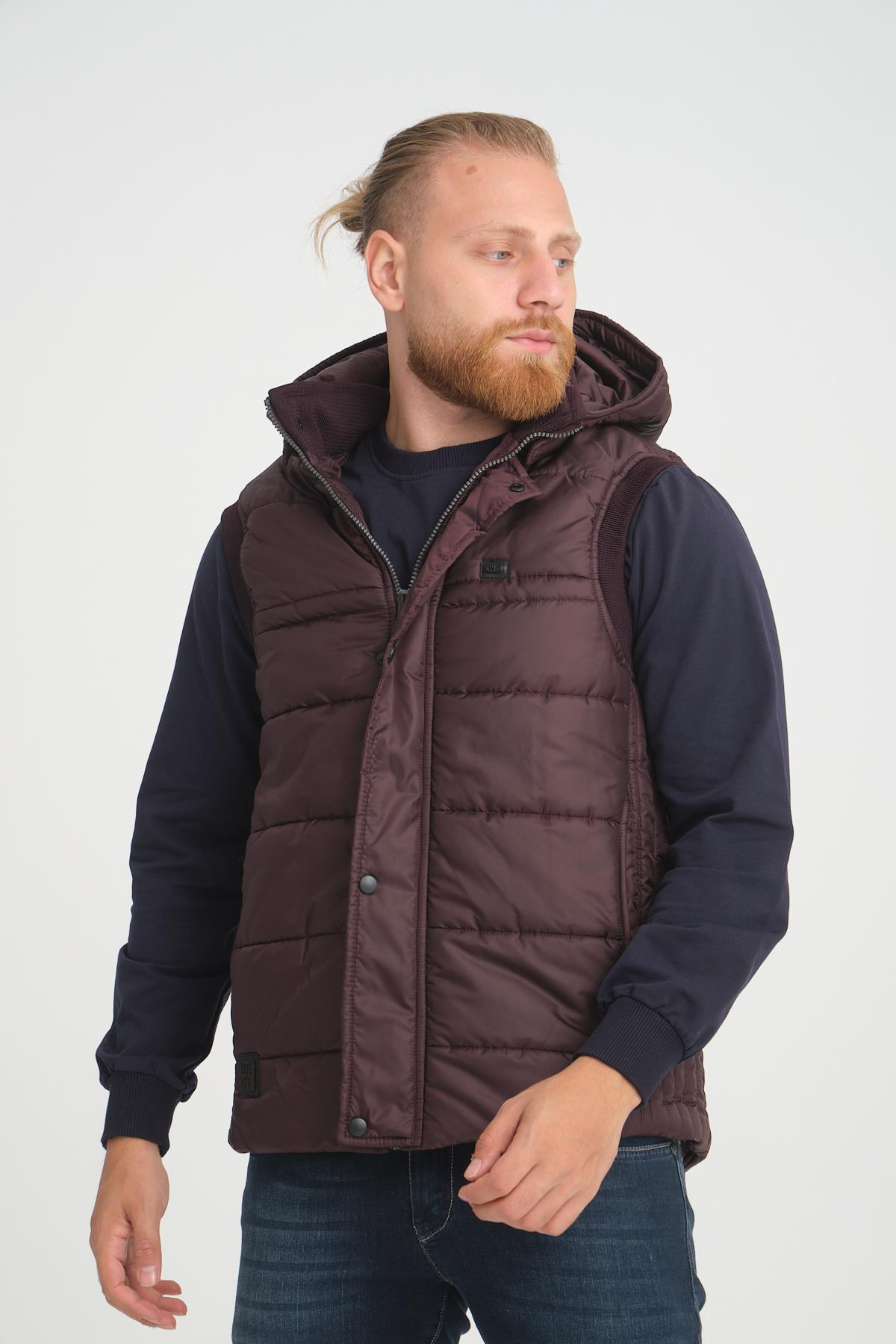 Wholesale Burgundy Hooded Jersey Lined Puffer Vest 3749B