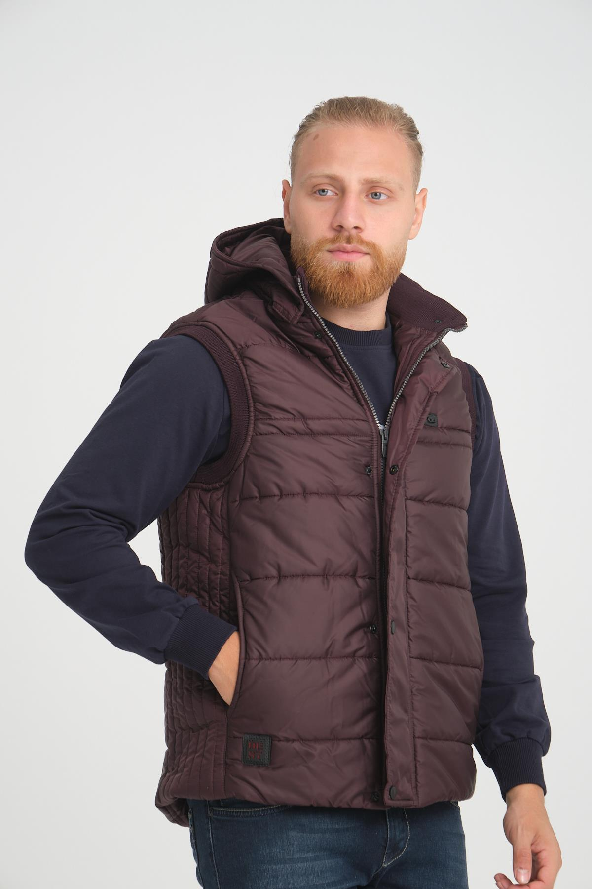 Wholesale Burgundy Hooded Jersey Lined Puffer Vest 3749B
