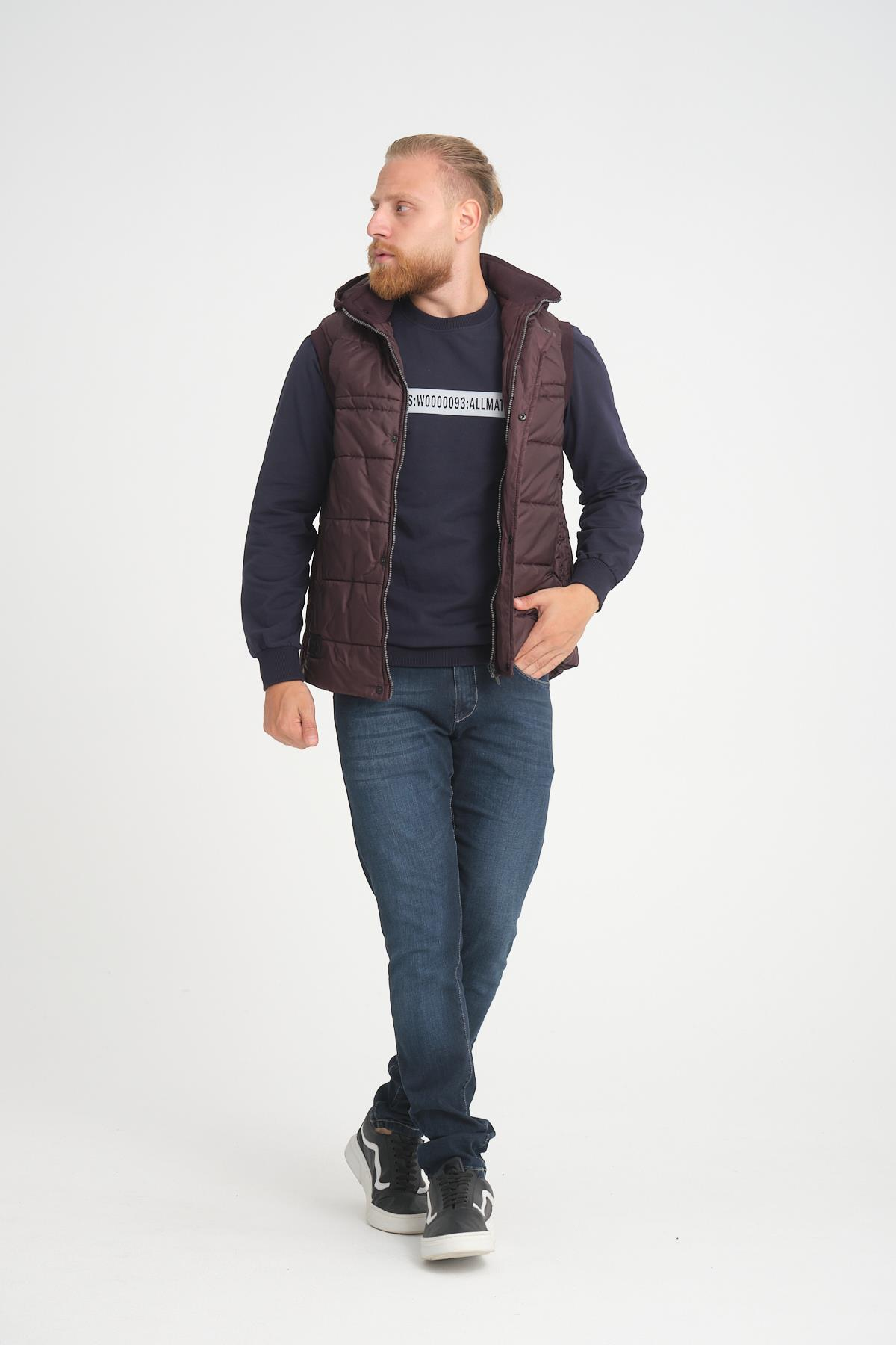 Wholesale Burgundy Hooded Jersey Lined Puffer Vest 3749B