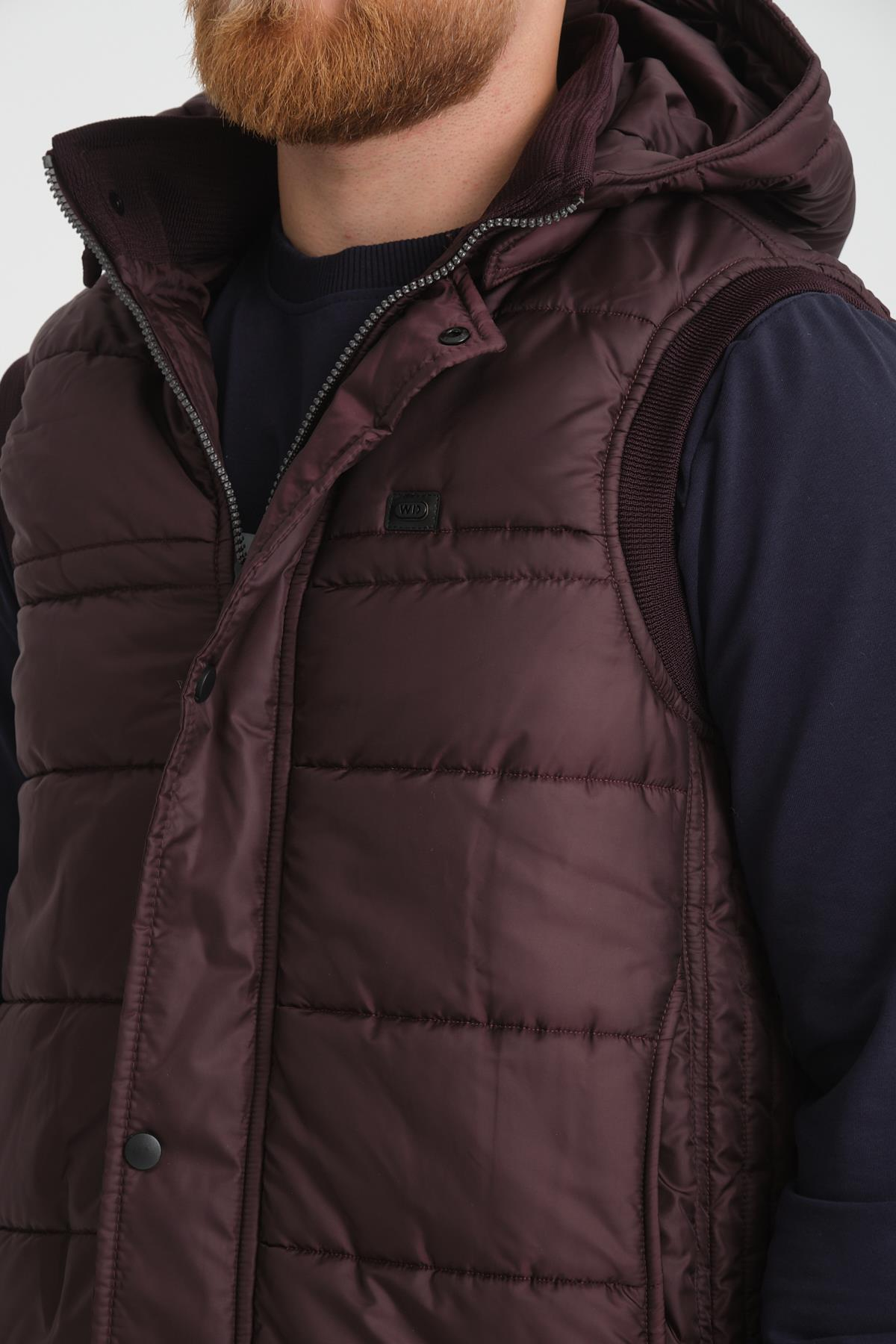 Wholesale Burgundy Hooded Jersey Lined Puffer Vest 3749B