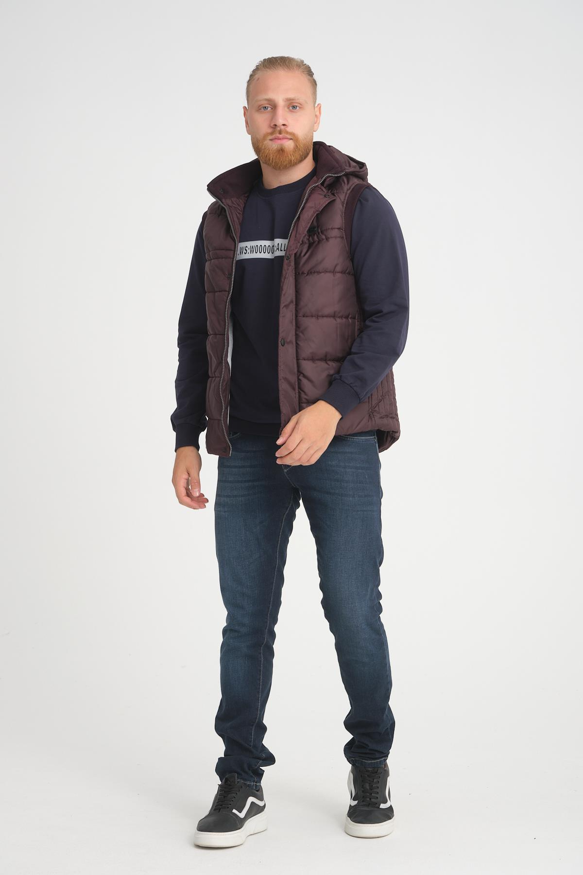 Wholesale Burgundy Hooded Jersey Lined Puffer Vest 3749B