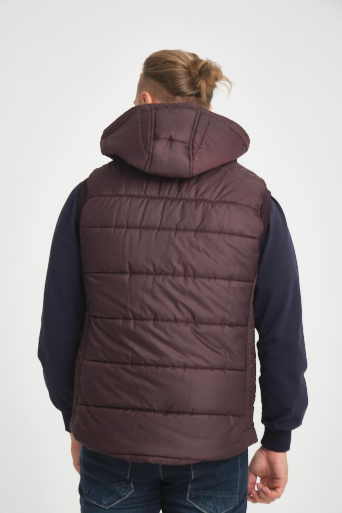 Wholesale Burgundy Hooded Jersey Lined Puffer Vest 3749B
