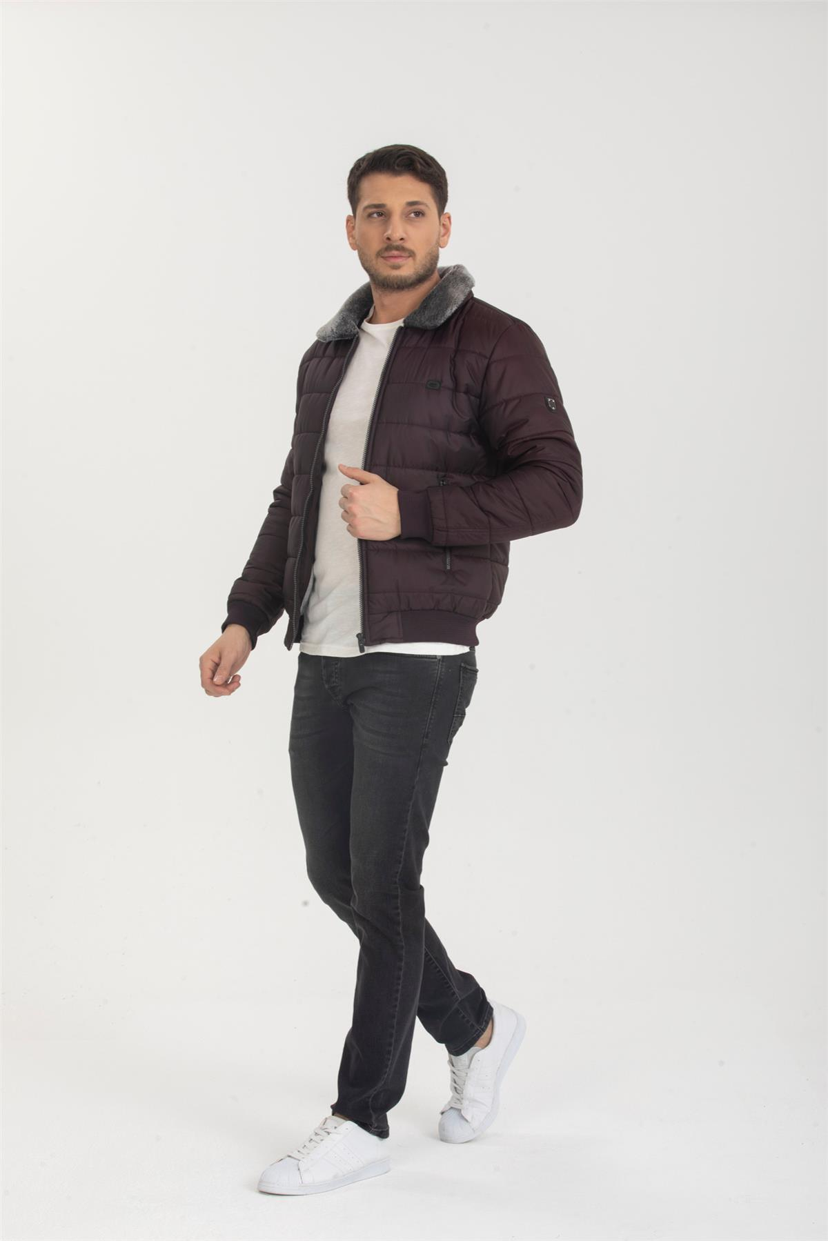 Wholesale Burgundy Fur Collar Puffer Coat 3037B