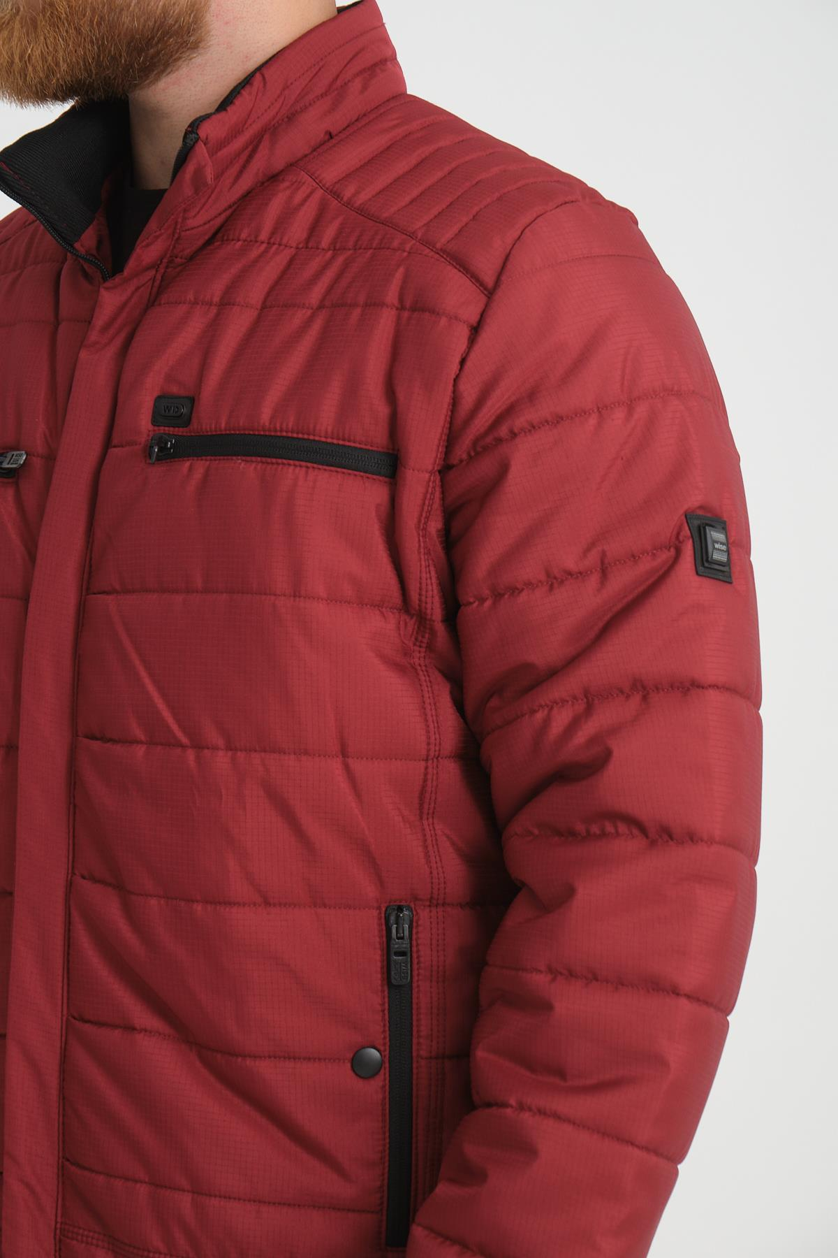 Wholesale Burgundy Double Zipper Pocket Stand Collar Jacket 3082B