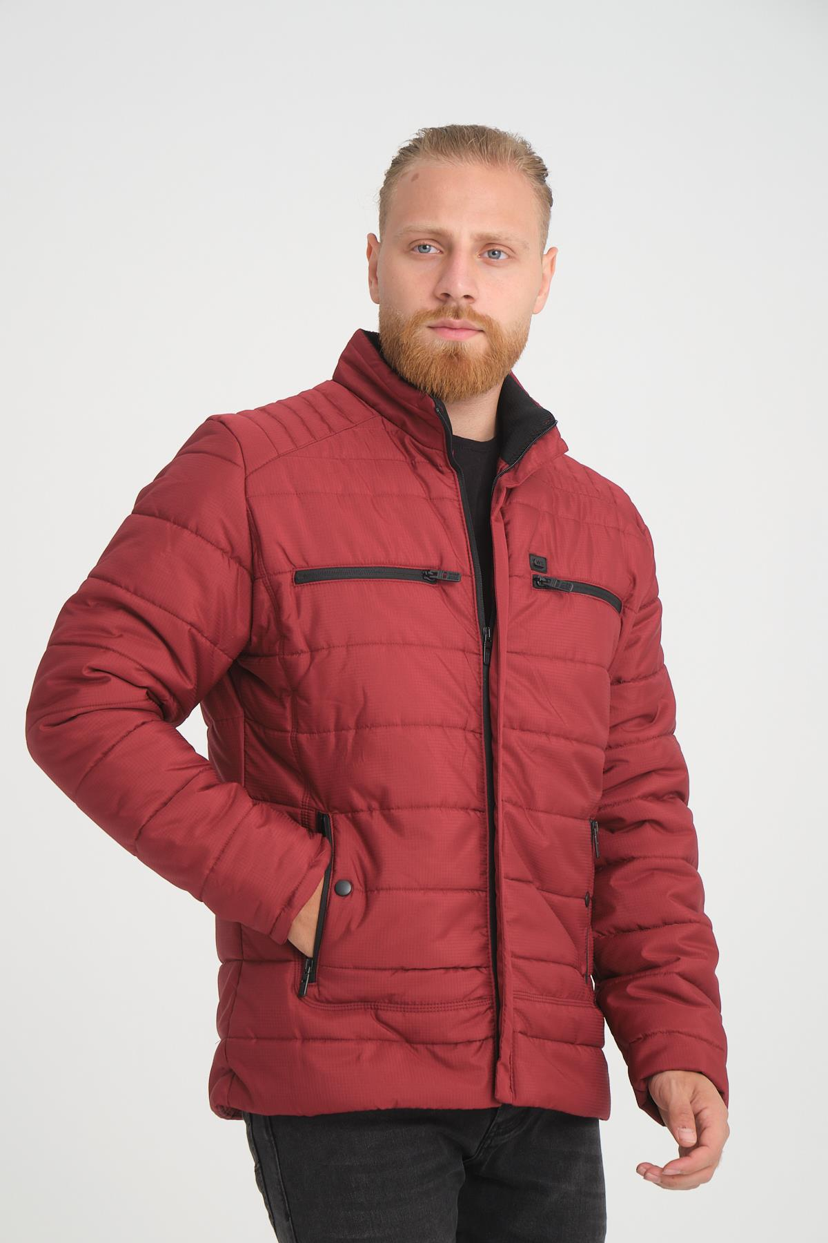 Wholesale Burgundy Double Zipper Pocket Stand Collar Jacket 3082B